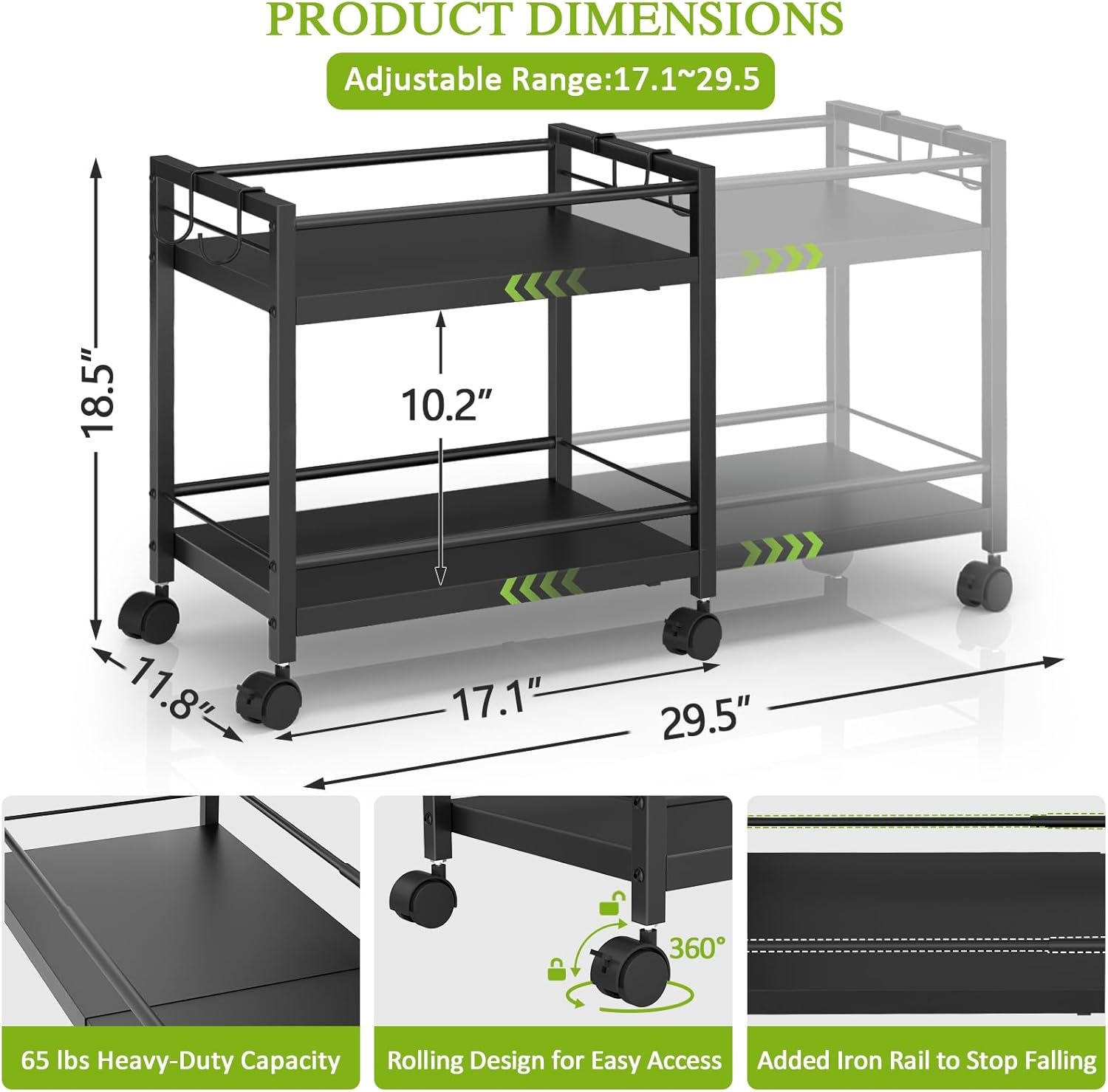 2-Tier 1 Pack Expandable Pantry Floor Organizer Cart, Rolling Pantry Storage Cart with Wheel, Adjustable Can Organizer for Kitchen Pantry, Pantry Shelves and Storage Rack for Snacks, Vegetables, Black