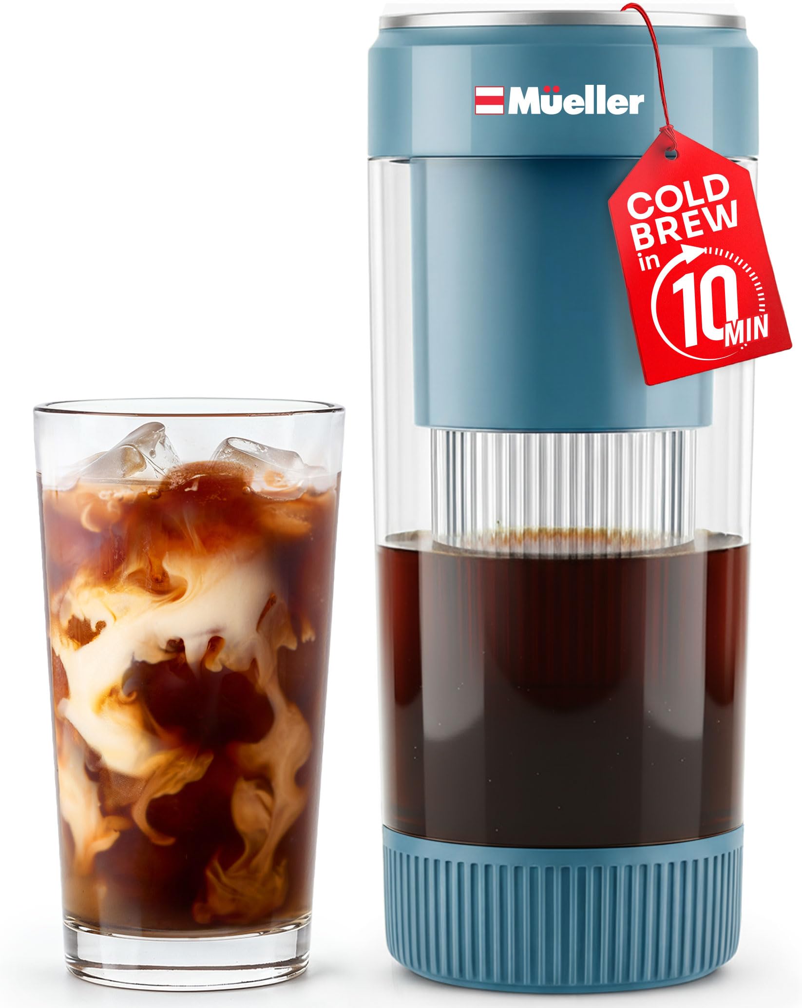 Mueller RapidBrew Cold Brew Iced Coffee Maker – 10 Min Fast Brew Portable Rechargeable Cold Brew Machine for Coffee & Tea – Adjustable Strength 10-99 Min – 20 Servings Per Charge, Black Coffee