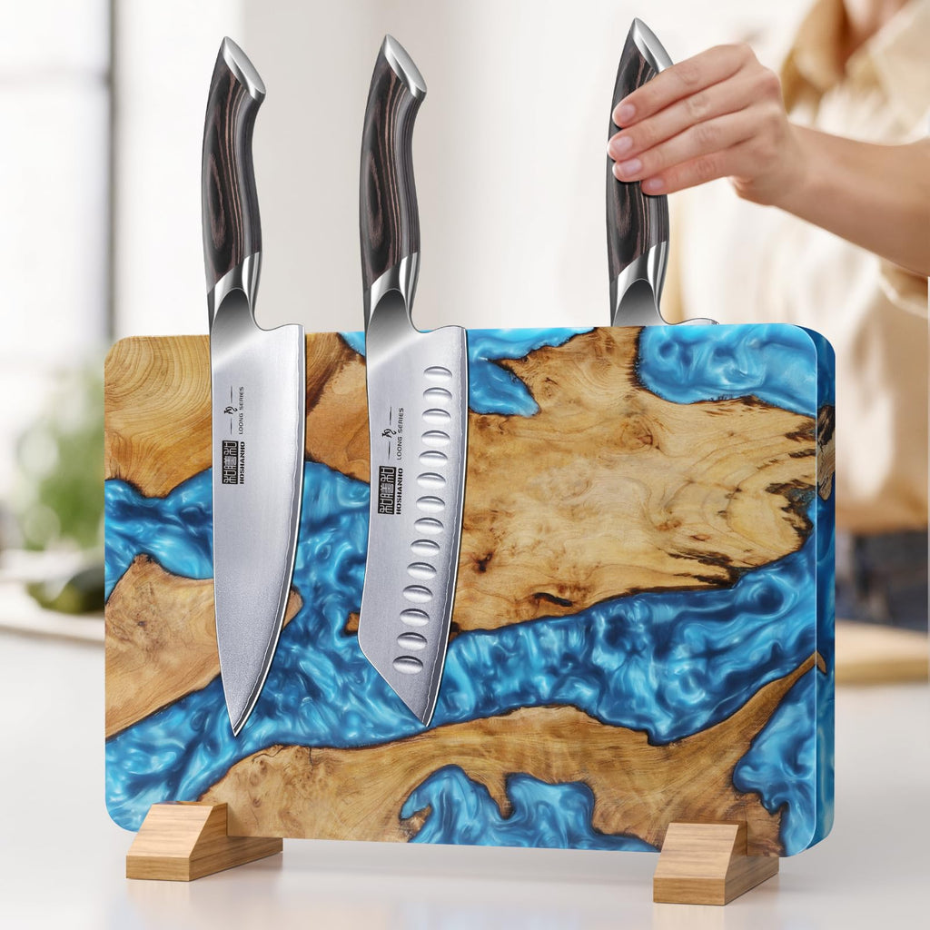 HOSHANHO Magnetic Knife Block 14 x 10 Inches, Double Sided Magnetic Knife Holder Rack for Kitchen Counter, Acacia Wood Magnetic Knife Storage Stand with Knife Sharpener