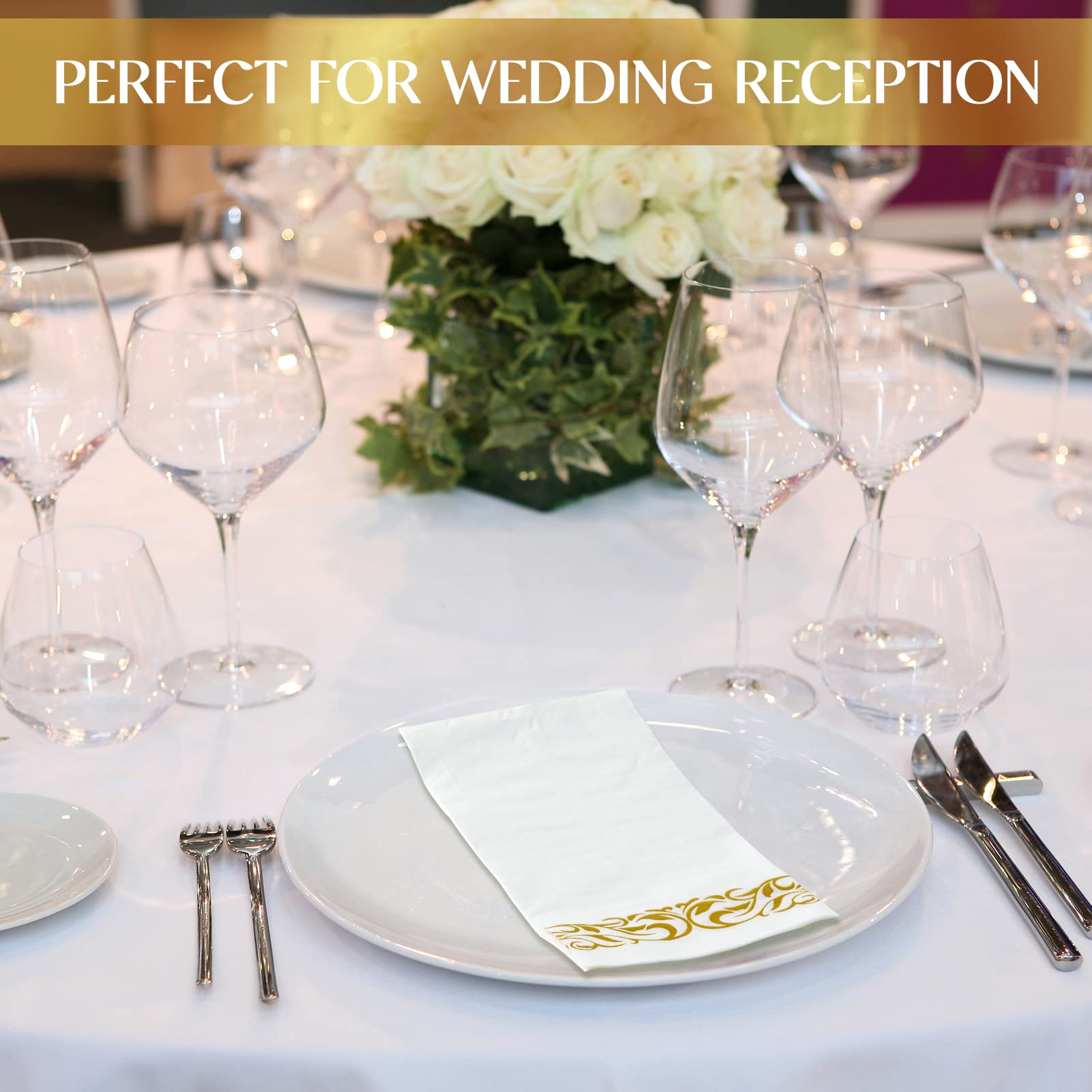 Vplus 600 Pack Paper Napkins Guest Towels Disposable Premium Quality 3-ply Dinner Napkins Disposable Soft, Absorbent, for Kitchen, Wedding, Parties, Dinners or Events(Gold)