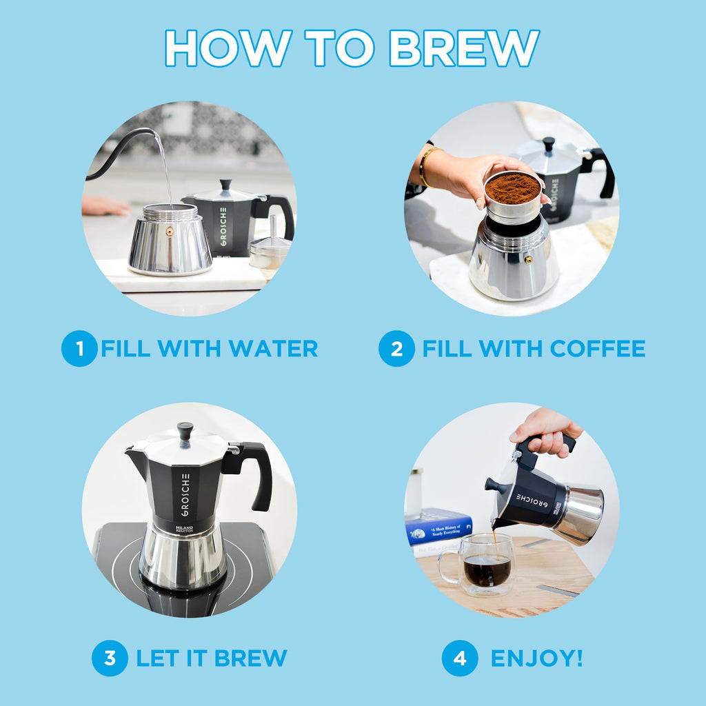GROSCHE Milano Moka pot, Stovetop Espresso maker, Greca Coffee Maker, Stovetop coffee maker and espresso maker percolator (Grey, 6 cup)