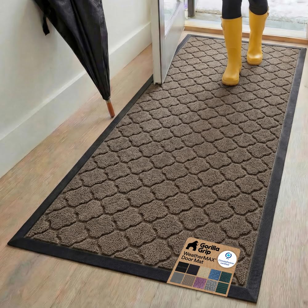 GORILLA GRIP 100% Waterproof All-Season WeatherMAX Doormat US Designed Natural Rubber, Stain Fade Resistant, Low Profile Indoor Outdoor Front Door Mats Outside Entrance, Easy Clean 29x17 Gray Diamond
