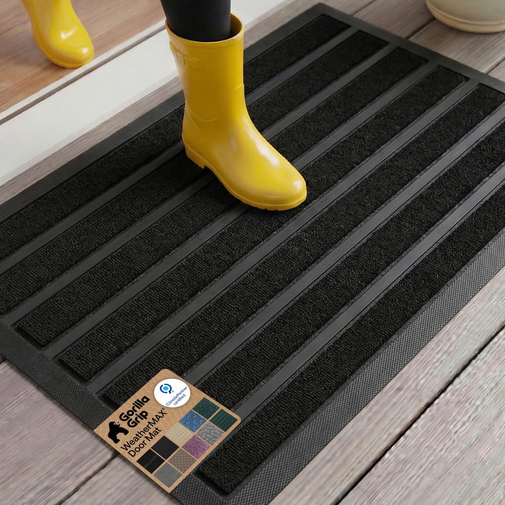 GORILLA GRIP 100% Waterproof All-Season WeatherMAX Doormat US Designed Natural Rubber, Stain Fade Resistant, Low Profile Indoor Outdoor Front Door Mats Outside Entrance, Easy Clean 29x17 Gray Diamond
