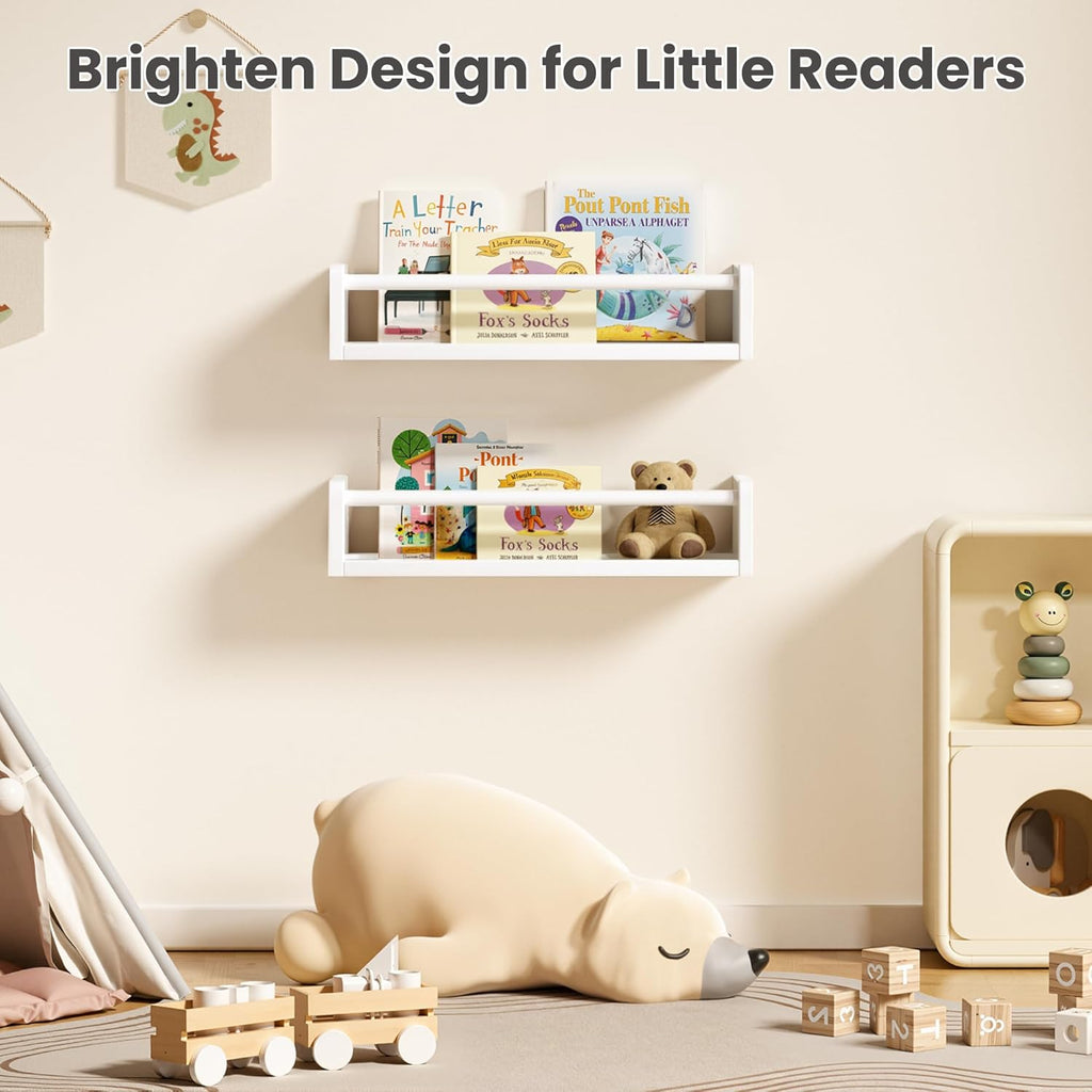 upsimples 2 Pack Nursery Book Shelves, 15.7 Inch Floating Bookshelves for Wall, Baby Nursery Decor, Small Solid Wood Wall Mounted Shelves for Baby Kids Boys Girls, White