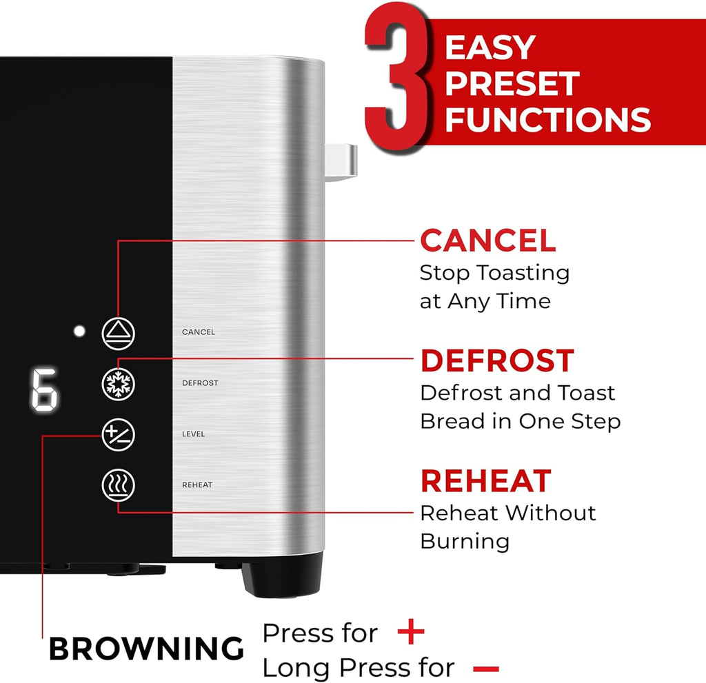 Mueller UltraToast Full Stainless Steel Toaster 4 Slice, Long Extra-Wide Slots for Bagels and Waffles, 6 Browning Levels, LED Display, Cancel/Defrost/Reheat Functions & Removable Tray, Kitchen Gadgets