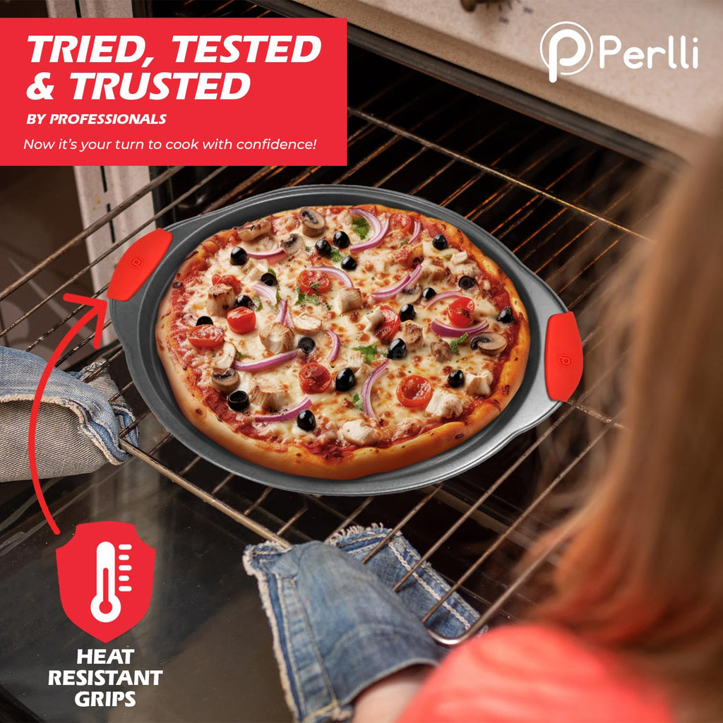 PERLLI Non-Stick 6-Piece Baking Pan Set, BPA-Free Carbon Steel Bakeware Set with Silicone Handles, Stackable Kitchen Oven Set, Cookie Sheet, Baking Tray, Baking Sheet Set, Oven Safe (446°F)
