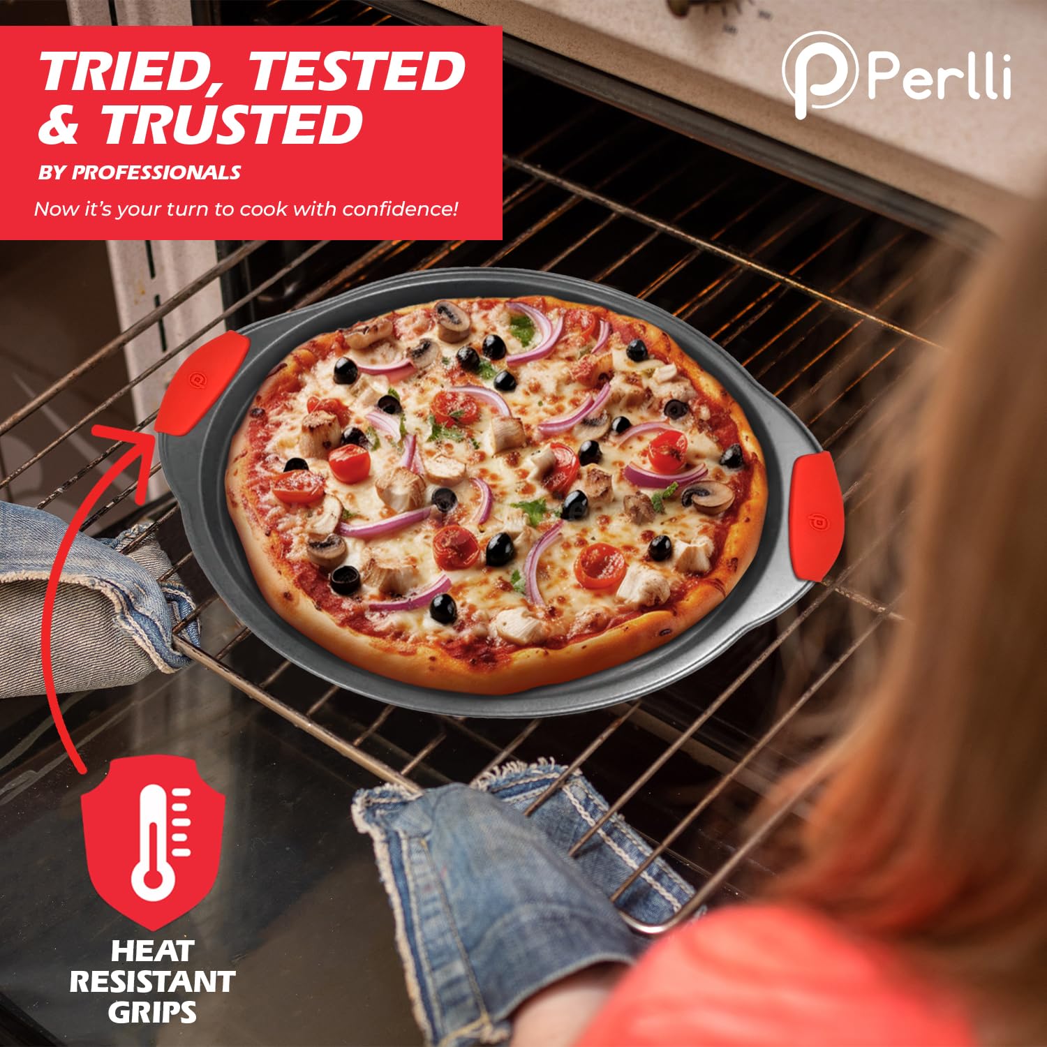 PERLLI Non-Stick 6-Piece Baking Pan Set, BPA-Free Carbon Steel Bakeware Set with Silicone Handles, Stackable Kitchen Oven Set, Cookie Sheet, Baking Tray, Baking Sheet Set, Oven Safe (446°F)