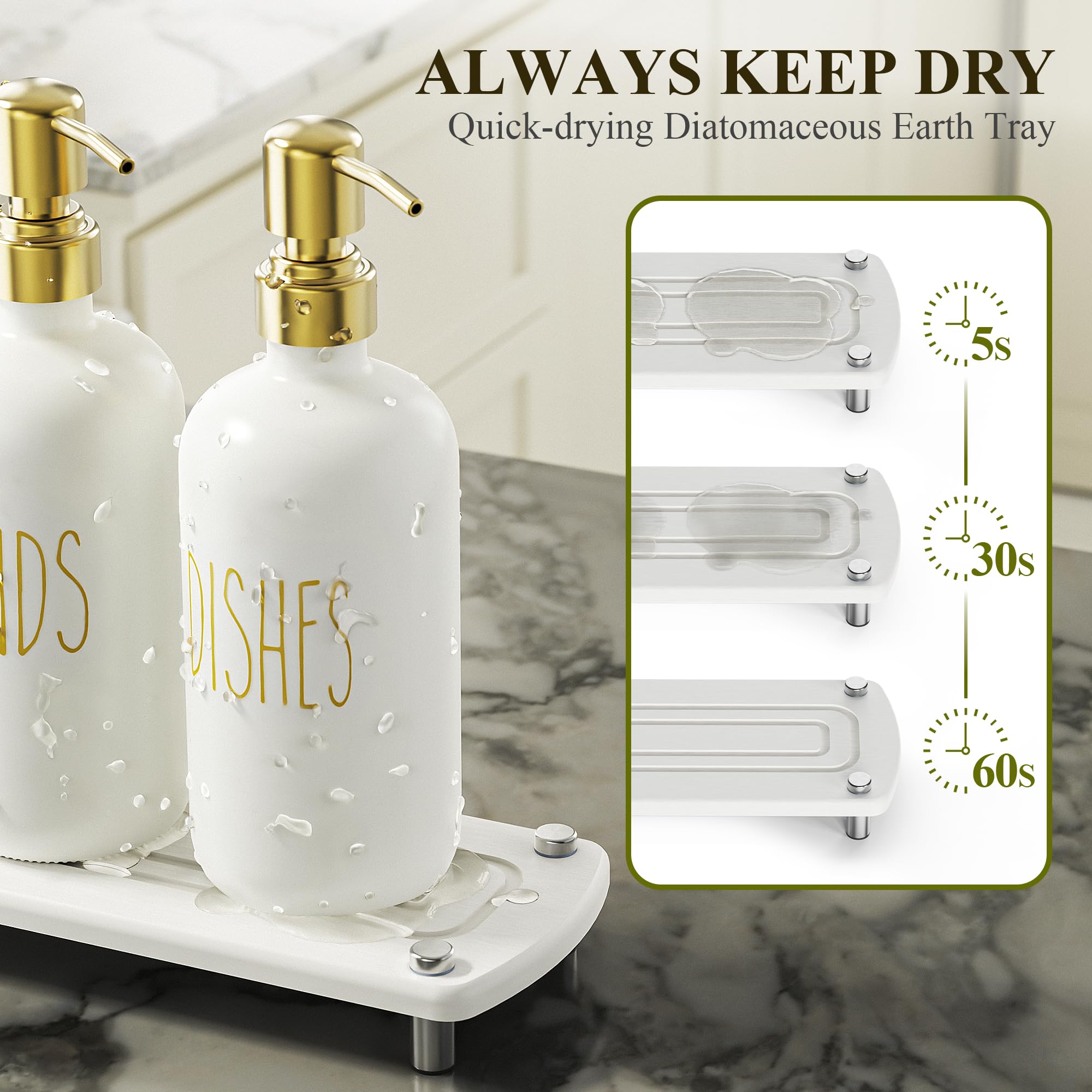 Cisily Kitchen Soap Dispenser Set Comes with Ceramics Sponge Holder, Gold Pumps, and Instant Dry Tray, Hand and Dish Soap Dispenser Set (4, Gold + White + Sponge Holder)