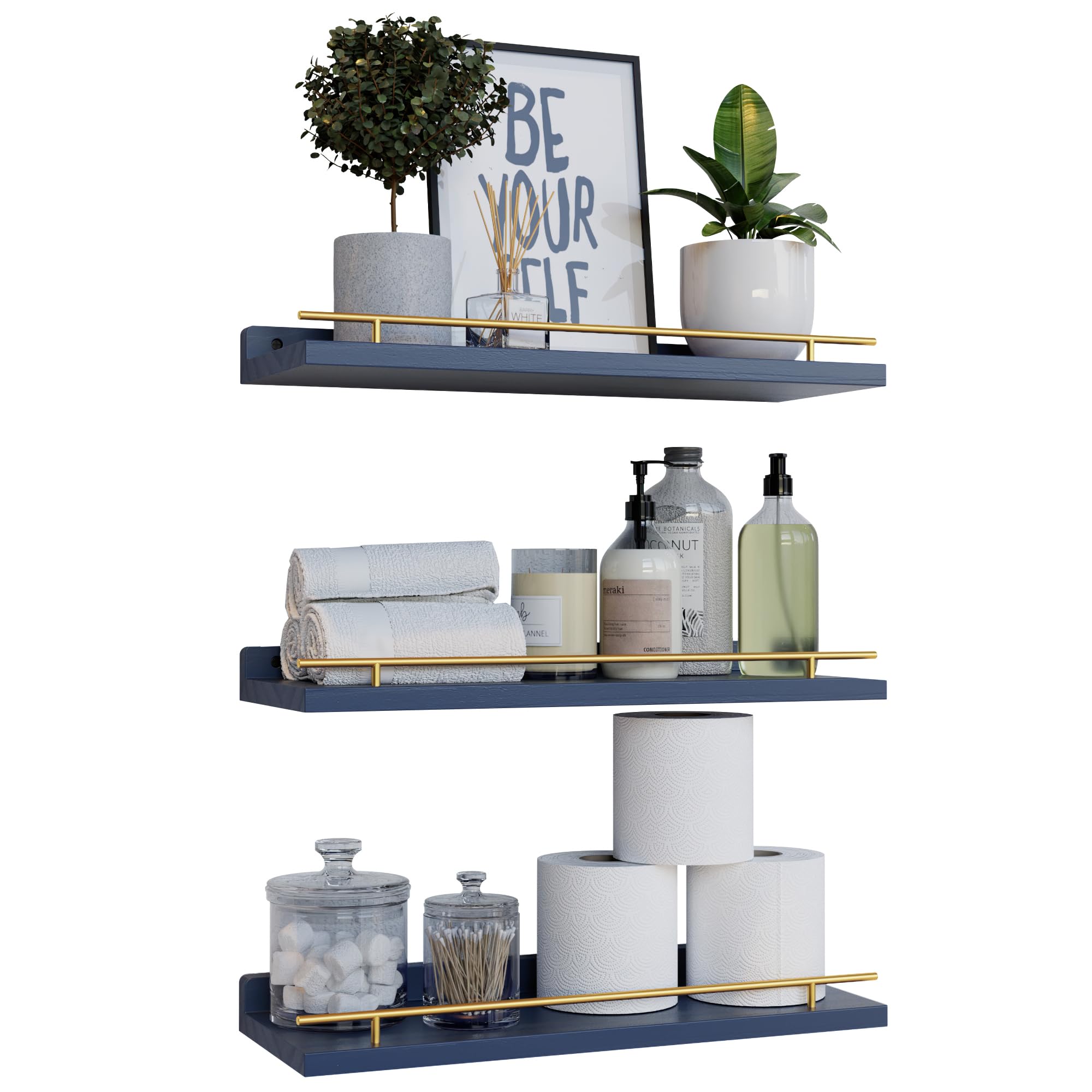 WOPITUES Floating Shelves with Black Metal Guardrail, Shelves for Wall Decor Set of 3, Wall Shelves for Bedroom, Bathroom, Kitchen, Living Room, Plants, Picture Frames, Art- Black