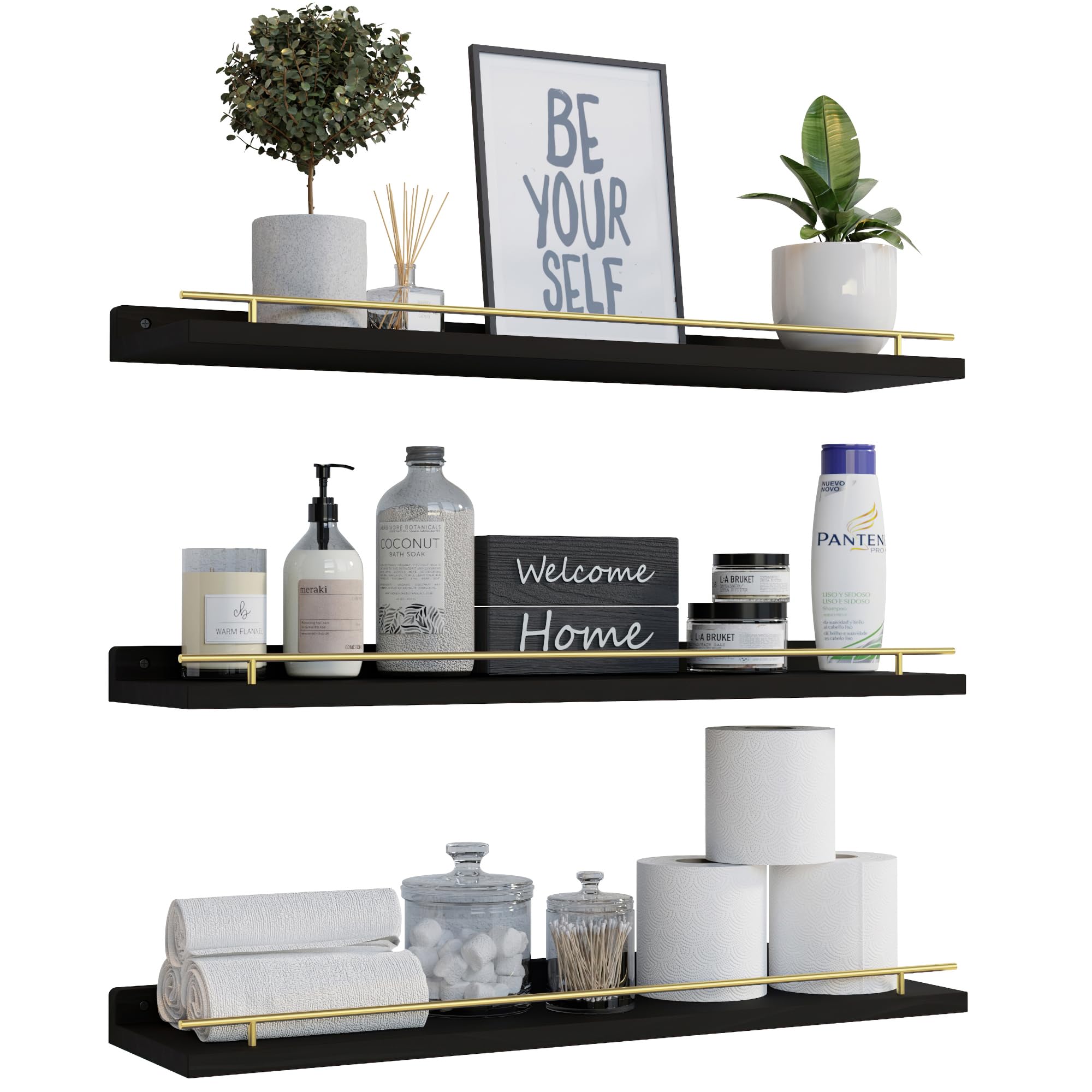 WOPITUES Floating Shelves with Black Metal Guardrail, Shelves for Wall Decor Set of 3, Wall Shelves for Bedroom, Bathroom, Kitchen, Living Room, Plants, Picture Frames, Art- Black