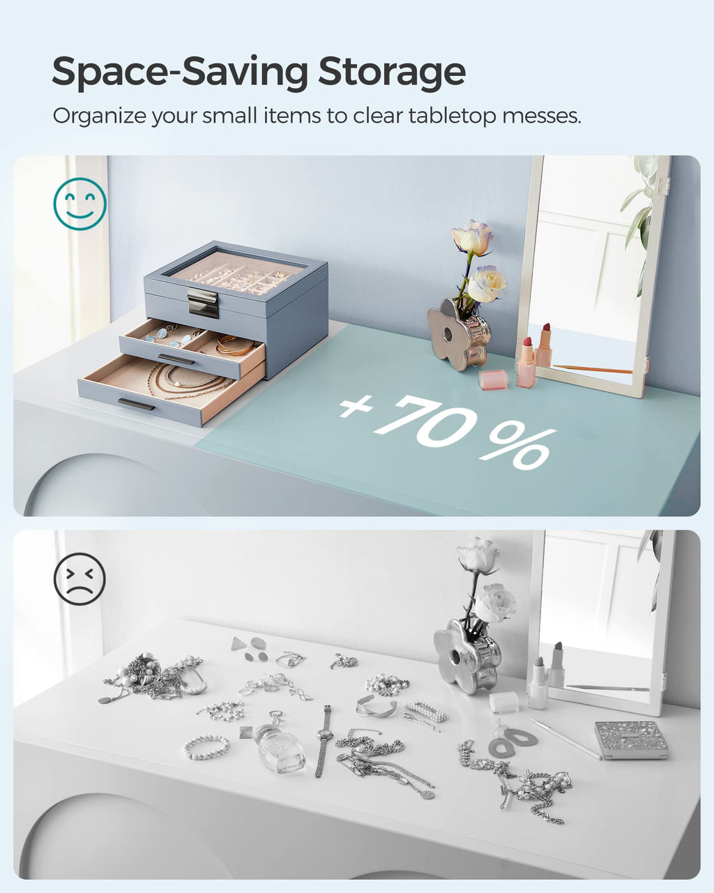SONGMICS GISELLA Collection - Jewelry Box Organizer, 3-Layer Jewelry Storage with 2 Drawers, Shiny Metal Hardware, Glass Lid, Modern, 8 x 9.1 x 5.3 Inches, Cloud White and Gold Color UJBC239WT