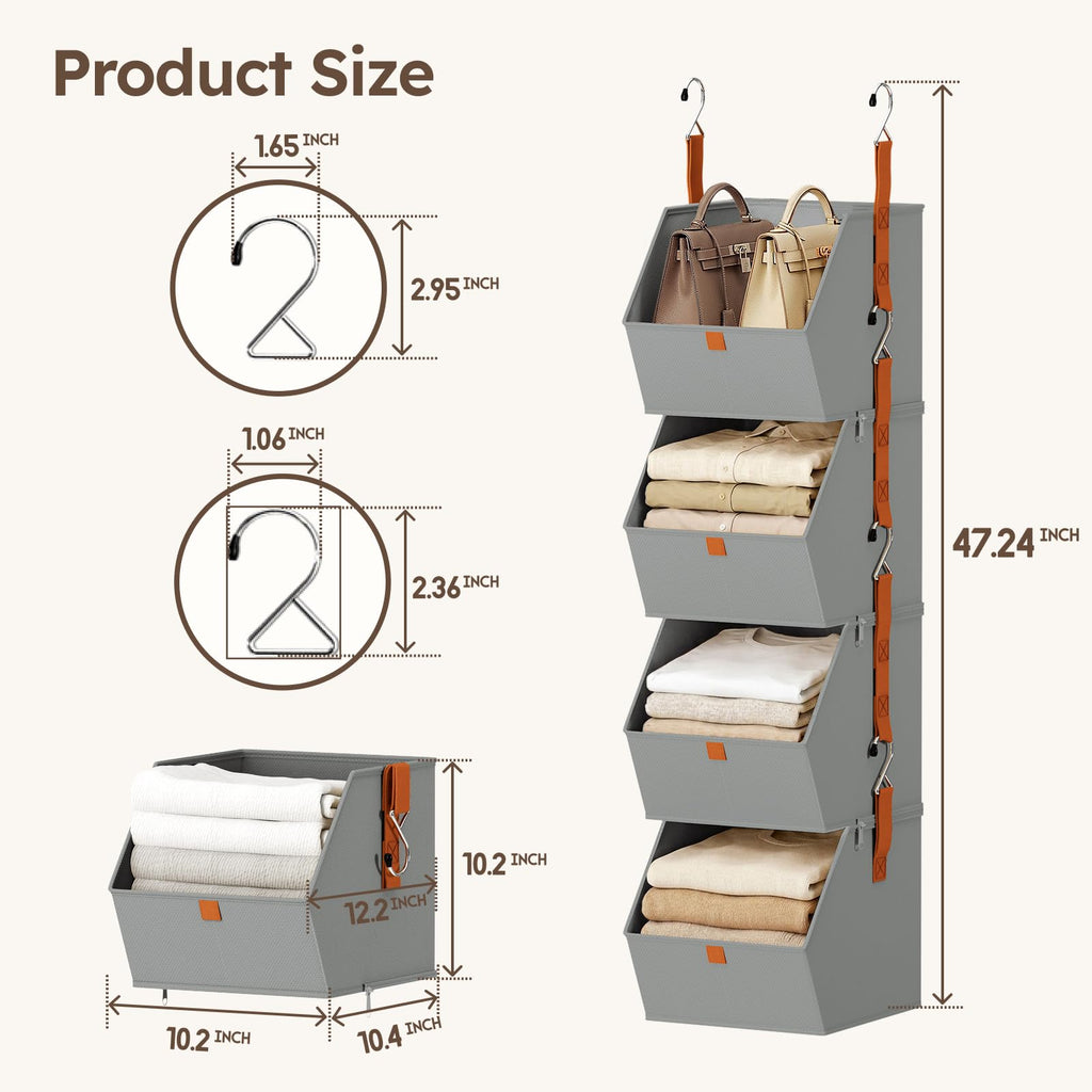 Homsorout Hanging Closet Organizer 4 Tier - Clothes Hanging Shelves, Space-Saving Closet System, Fabric Storage Bins Bedroom Organization, Collapsible Baskets for Home, Dorm, Rv, Beige