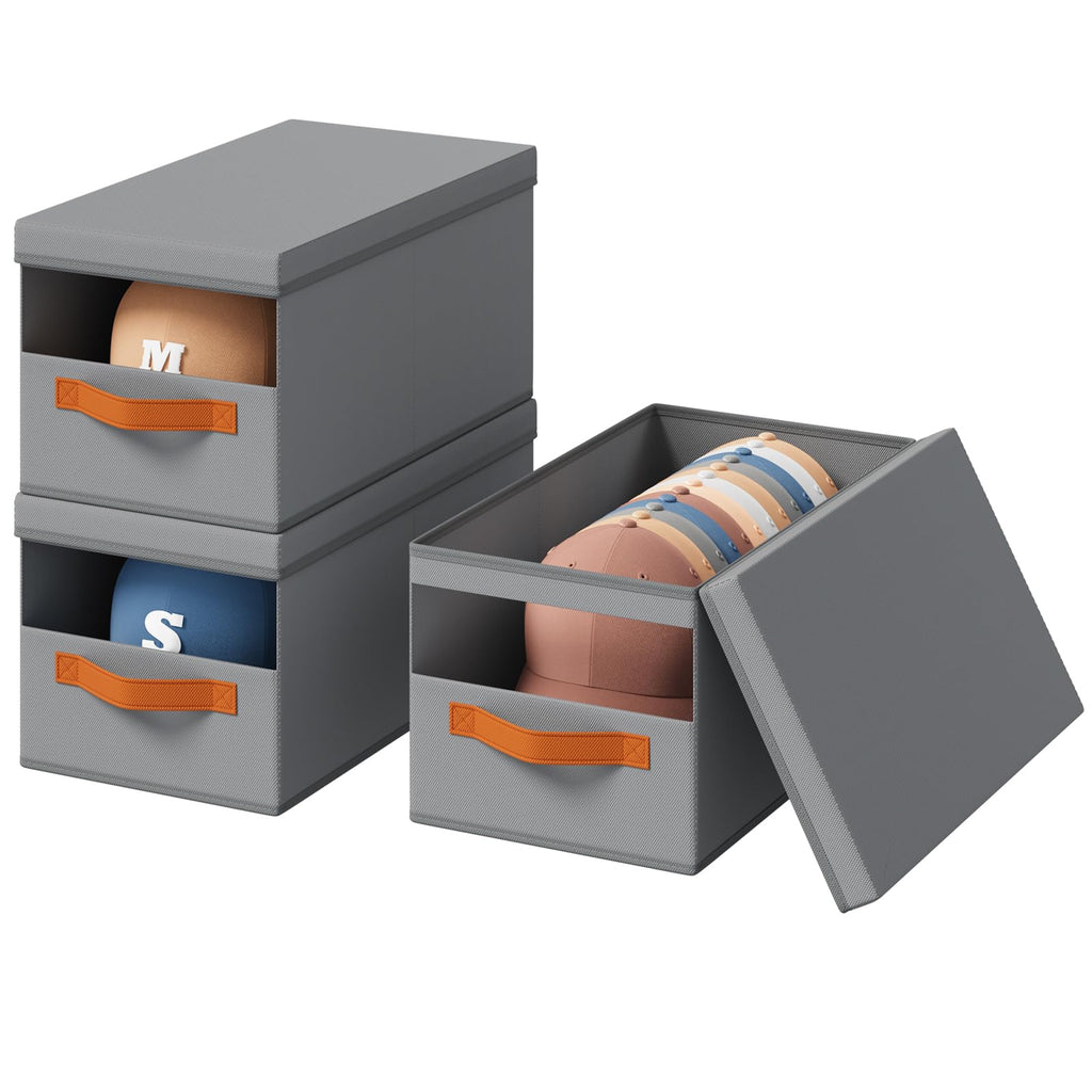 Homsorout Hat Organizer for Baseball Caps - 3 Pack Stackable Foldable Protective Lids Hat Storage Box with Clear Window Baseball cap organizer for Closet, Bedroom, Rv, Grey