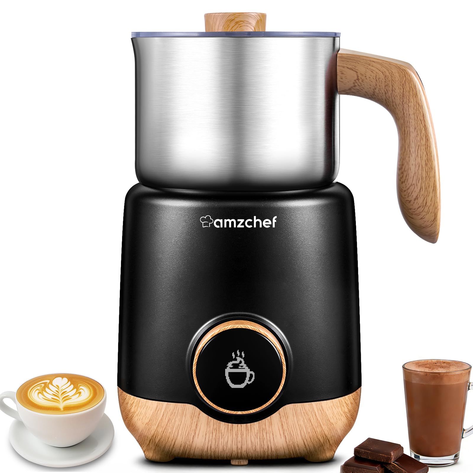 AMZCHEF 8-IN-1 Milk Frother and Steamer 21 oz, 550 Watts Split Stainless Steel Automatic Steamer, Milk's Warmer for Latte, Cappuccino, Hot Chocolate, Hot&Cold Froth, Heated Milk, Baby Food Wood&Black