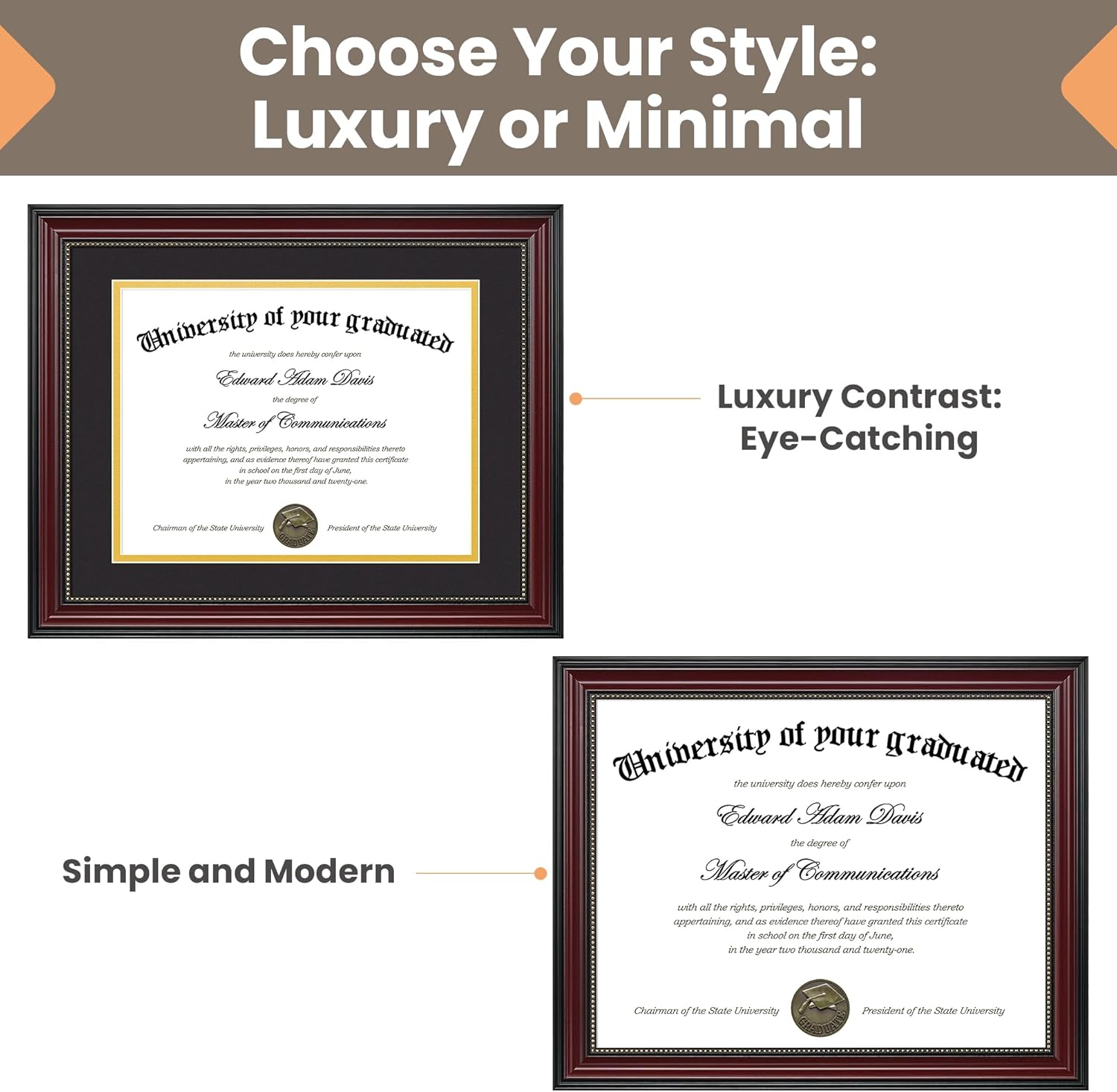 upsimples Diploma Frame 8.5 x 11 with Mat, Certificate Degree Document Frame, Displays Diploma Frame 11x14 without Mat, Classic Wood Grain with Gold Beading, Includes Black & Gold Mats, 1 Pack