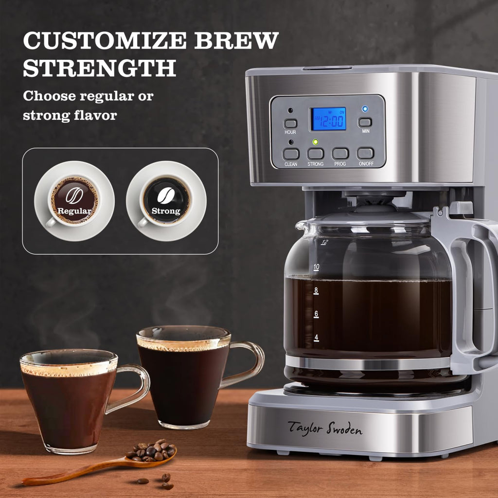 Taylor Swoden 12-Cup Programmable Coffee Maker, Regular & Strong Brew Drip Coffee Machine for Home and Office, Glass Carafe, Pause & Serve, Auto Shut Off, Black & Stainless Steel