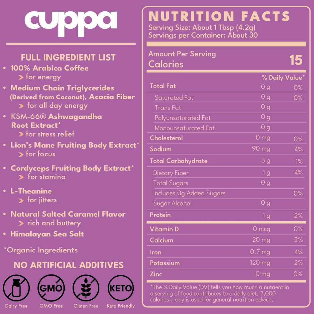 Cuppa Medium Roast Mushroom Coffee with Adaptogens & Superfoods - Lion’s Mane, Ashwagandha & Cordyceps. Adaptogens + MCT to support natural energy, mental focus & gut health (30 Servings)
