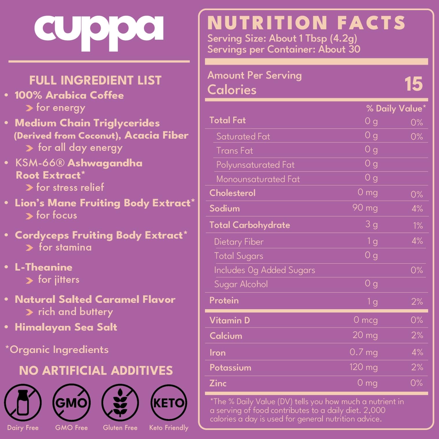 Cuppa Medium Roast Mushroom Coffee with Adaptogens & Superfoods - Lion’s Mane, Ashwagandha & Cordyceps. Adaptogens + MCT to support natural energy, mental focus & gut health (30 Servings)
