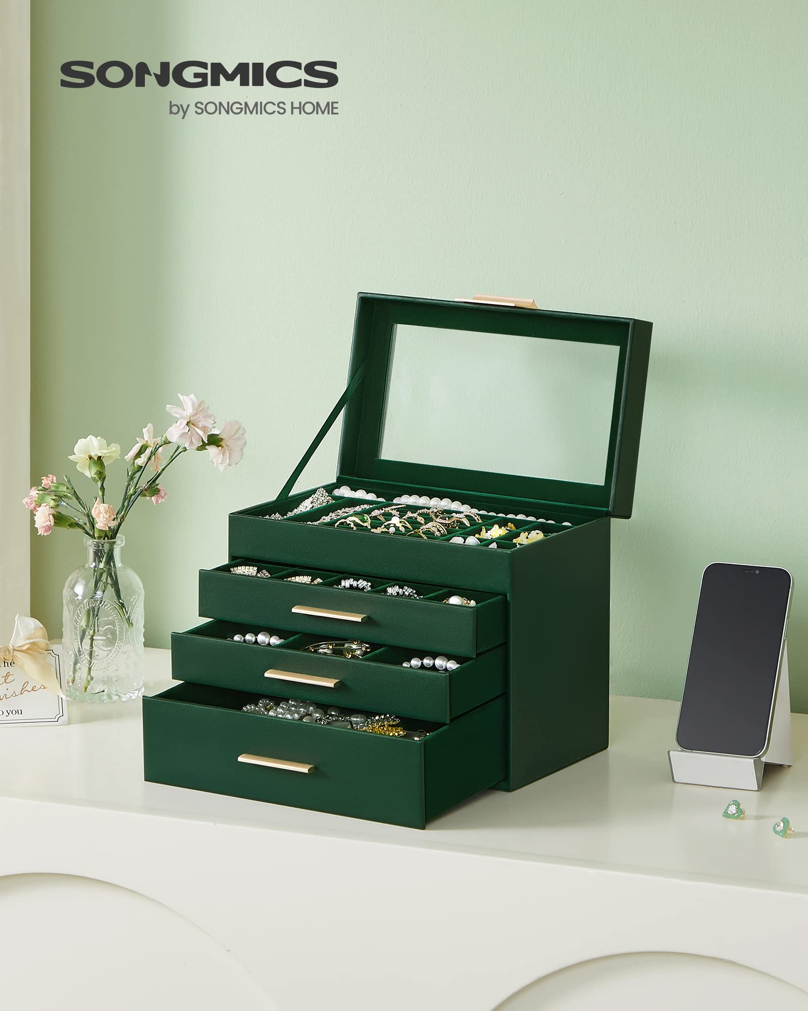 SONGMICS GISELLA Collection - Jewelry Box Organizer, 3-Layer Jewelry Storage with 2 Drawers, Shiny Metal Hardware, Glass Lid, Modern, 8 x 9.1 x 5.3 Inches, Cloud White and Gold Color UJBC239WT