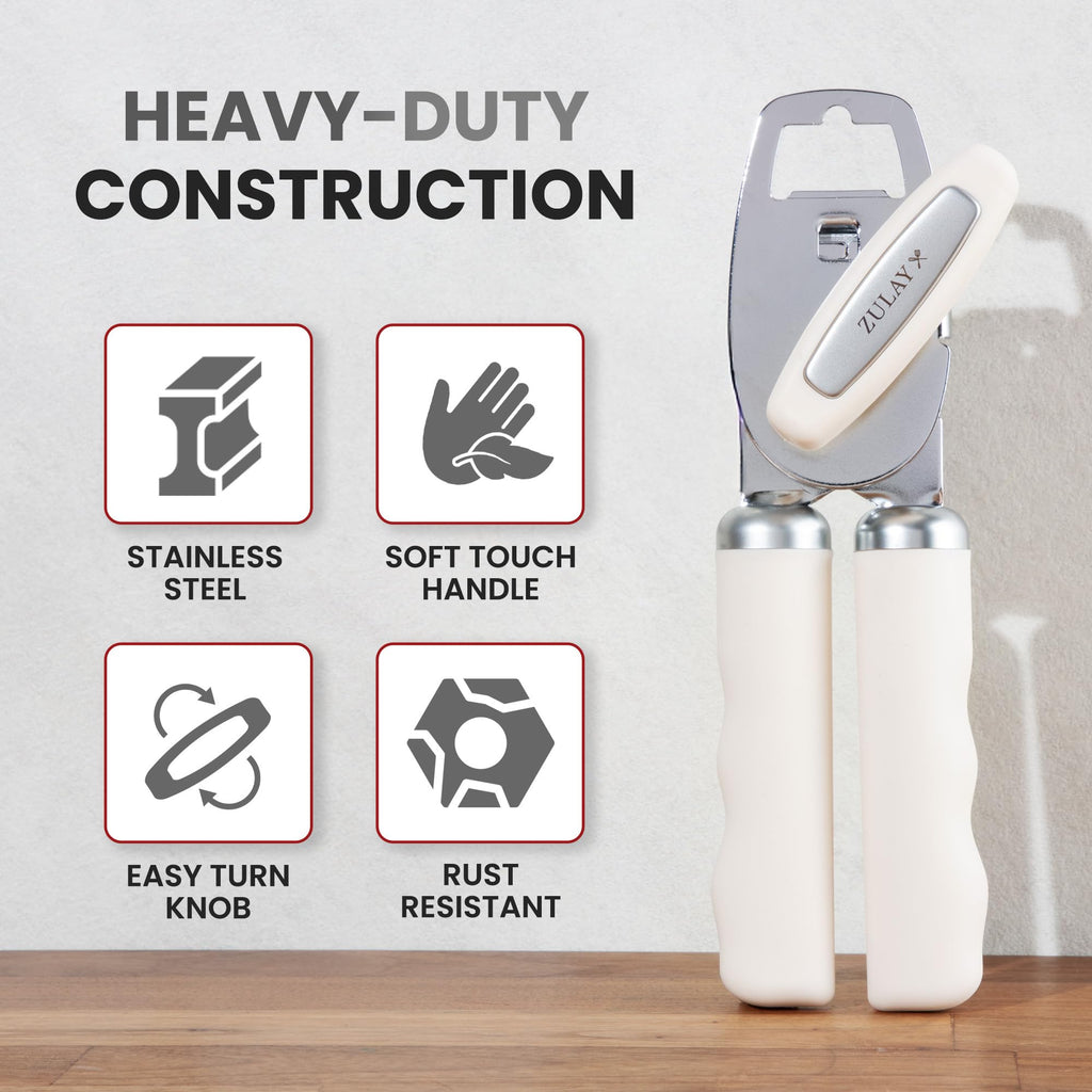 Zulay Kitchen COMFY™ Can Opener Manual with Bottle Opener - Rust Proof Stainless Steel Manual Can Opener With Turn Knob & Comfy Soft Grip Handles - Black