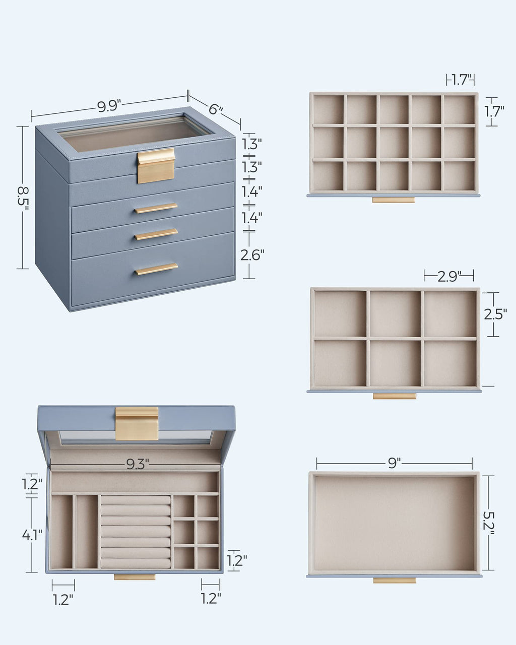SONGMICS GISELLA Collection - Jewelry Box Organizer, 3-Layer Jewelry Storage with 2 Drawers, Shiny Metal Hardware, Glass Lid, Modern, 8 x 9.1 x 5.3 Inches, Cloud White and Gold Color UJBC239WT