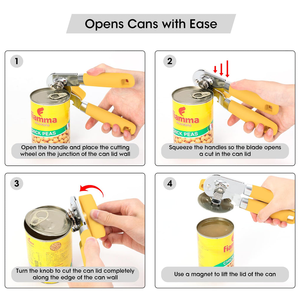 Beneno Heavy Duty Hand Can Opener Manual with Magnet, Durable Sharp Carbon Steel Blade Smooth Cutting, Big Effort-Saving Knob & Soft Grip Handle, Multifunctional Kitchen Tool with Bottle Opener, Green