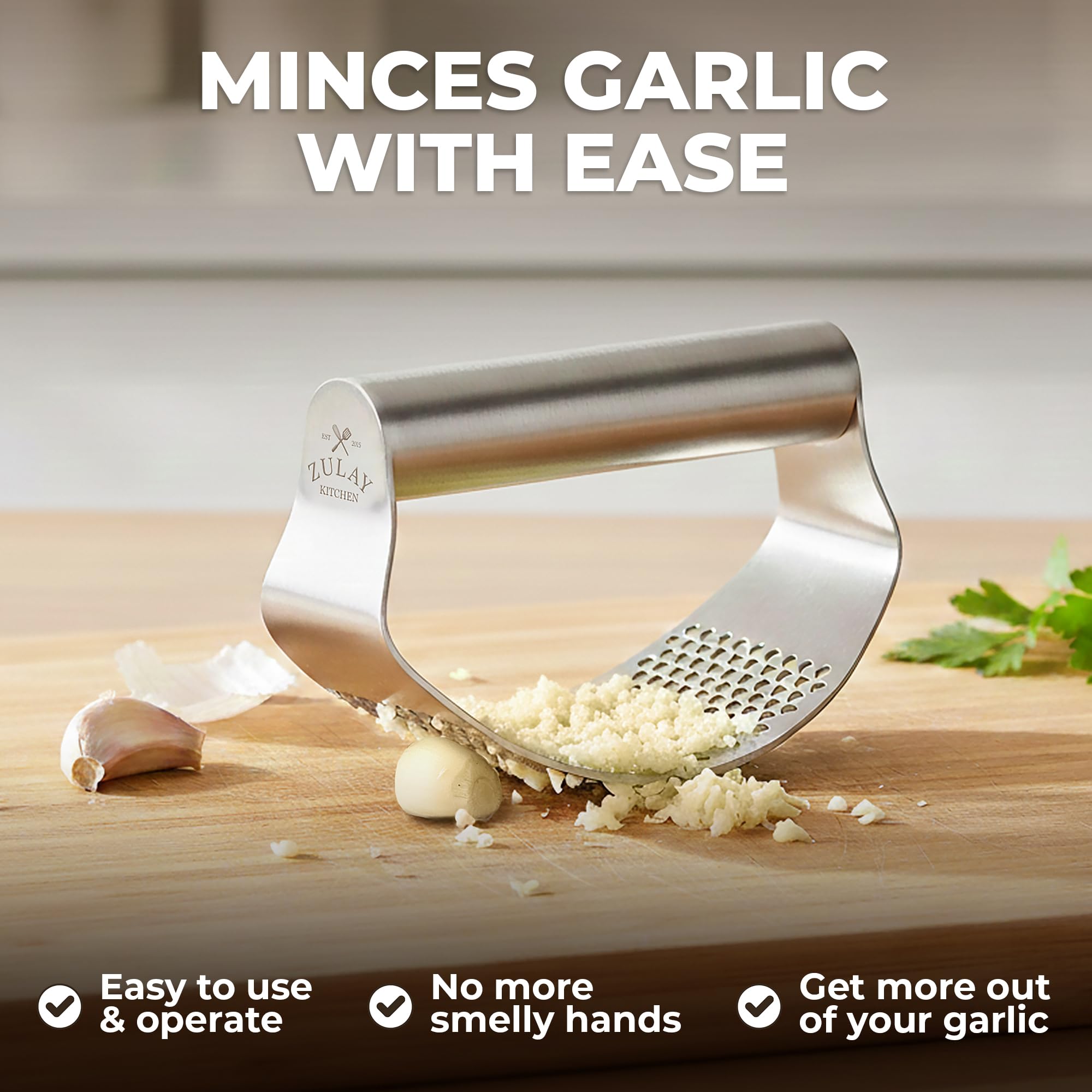 Zulay Kitchen Premium Garlic Press Set - Rust Proof Professional Garlic Mincer Tool - Easy-Squeeze, Easy-Clean with Soft, Ergonomic Handle - Silicone Garlic Peeler & Brush (Silver)