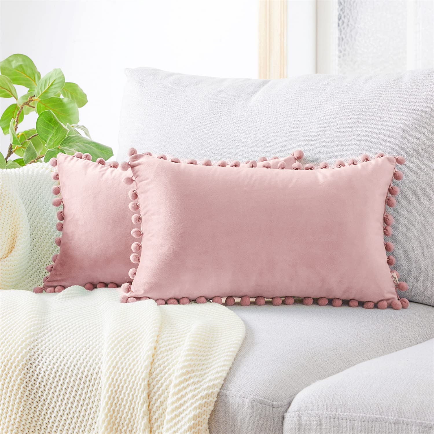 Top Finel Blush Pink Throw Pillow Covers 18x18 Inches for Couch Aesthetic Decorative Sofa Pillow Covers Set of 2 Soft Velvet Cushion Cover Pillow Cases with Pom-poms for Bedroom Livingroom Office Car
