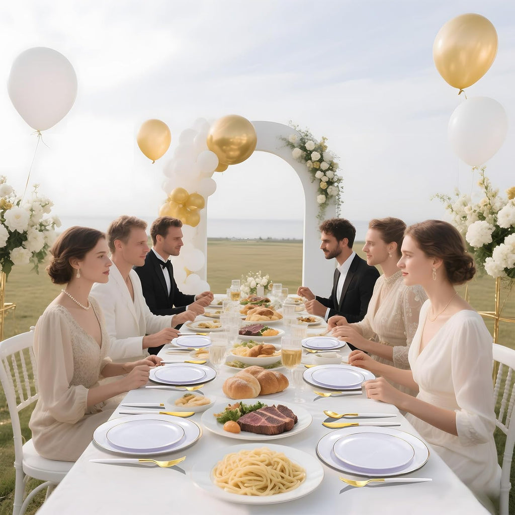 DaYammi 150Pcs White and Gold Plastic Plates with Disposable Silverware and 200Pcs Gold Plastic Cups for Party, Fancy Plates Set and Clear Gold Rimmed Cups for all occasions