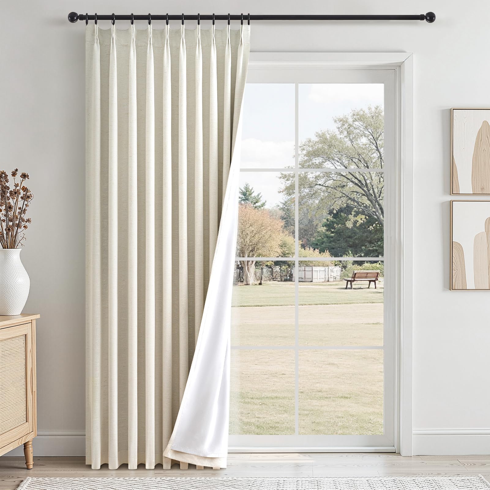 Topfinel 96 Inches Long Pinch Pleated 100% Blackout Curtains,Thermal Insulated Natural Linen Pinch Pleat Viral Drapes with Hooks Rings 2 Panel Sets,Neutral Beige Ivory 8FT Back Tab Window Curtains