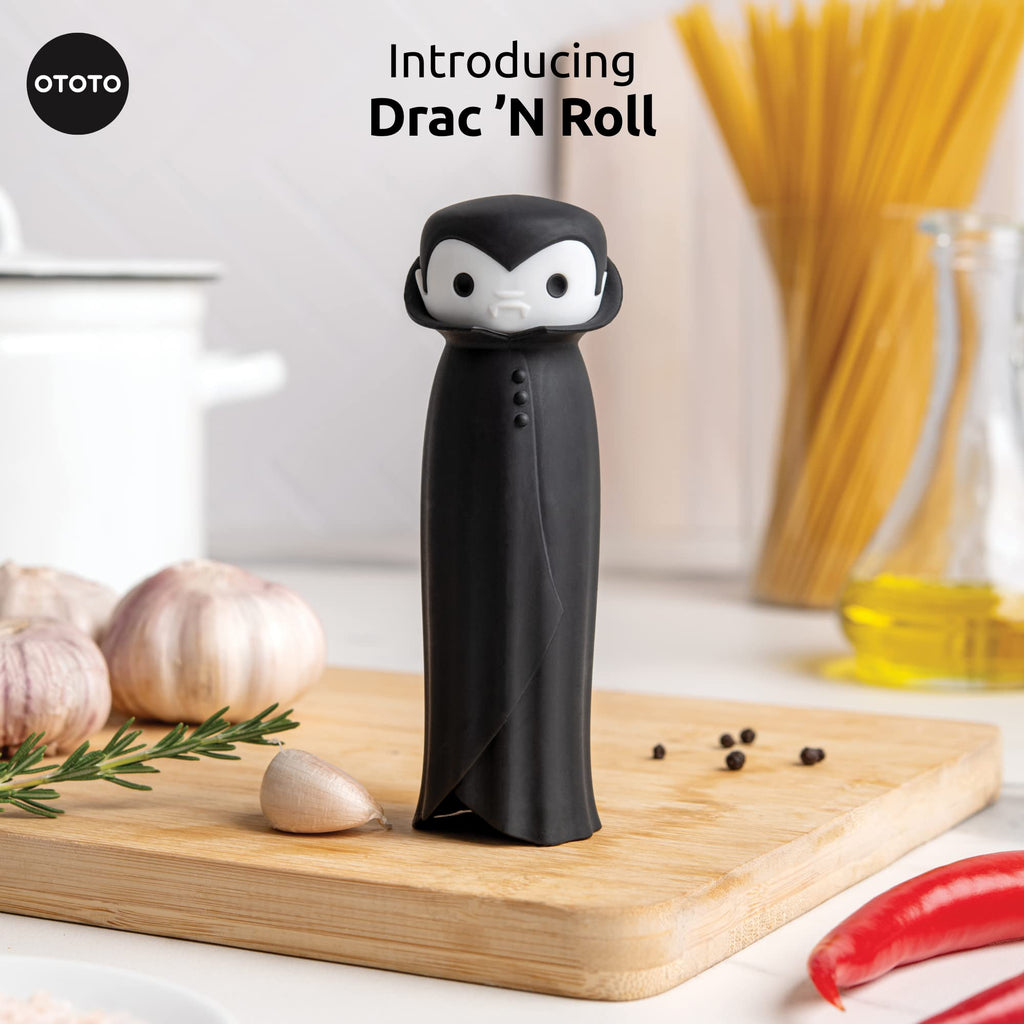 OTOTO Gracula Garlic Crusher, Garlic Mincer, Also for Ginger, Nuts, Chili, Herbs - Twist Top Mincer & Easy Squeeze Manual Press Peeler, Goth Gifts