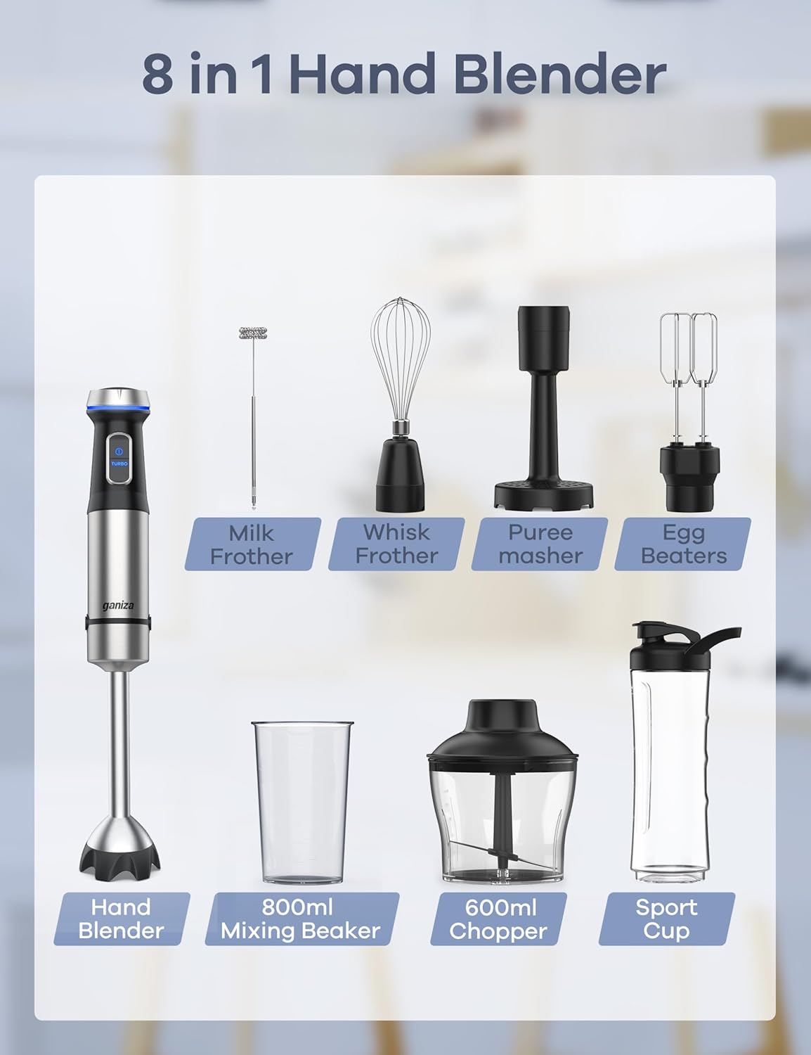 Ganiza Immersion Blender Handheld Corded 8 in 1 Hand Blender Max 1000W 16 Speed Mode Stick Emulsifier with 800ml Mixing Beaker, 600ml Chopper, Whisk, Frother, Potato Masher and Portable Bottle