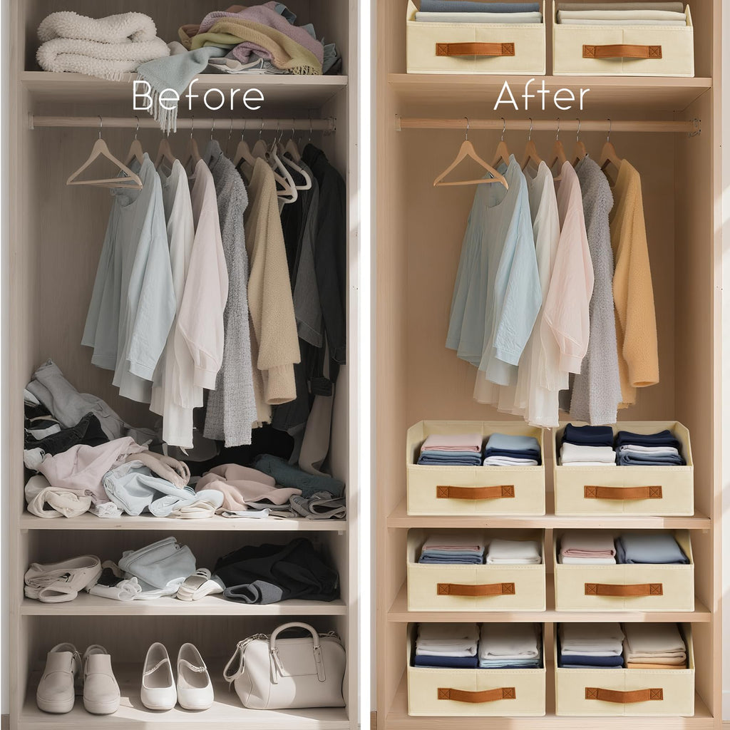 Homsorout Fabric Storage Bins for Organizing - 6 Pack Large Trapezoid Collapsible Storage Bins with Front Handle, Closet Organizers and Storage for Bedroom, Home Shelves, Small Spaces, Beige
