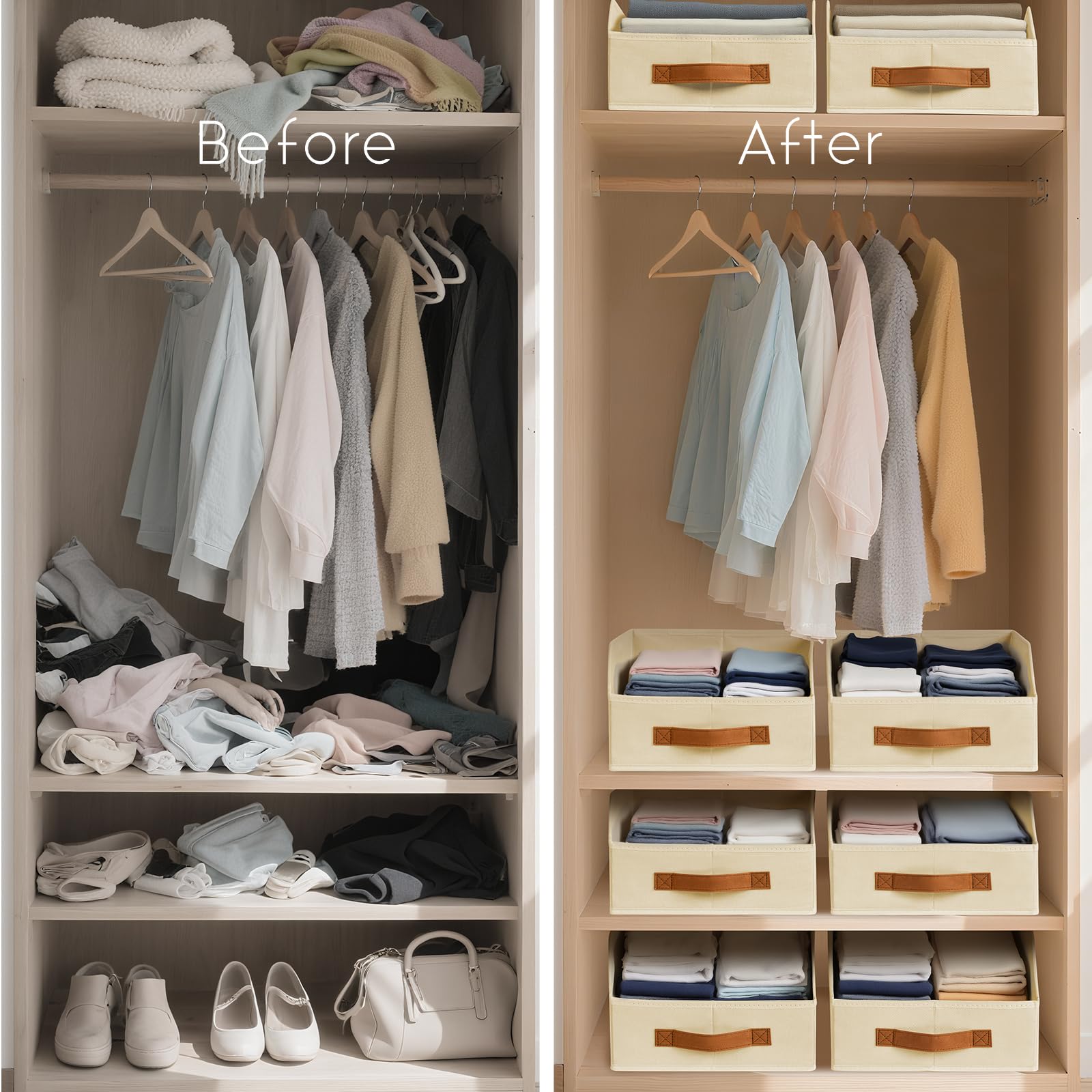 Homsorout Fabric Storage Bins for Organizing - 6 Pack Large Trapezoid Collapsible Storage Bins with Front Handle, Closet Organizers and Storage for Bedroom, Home Shelves, Small Spaces, Beige