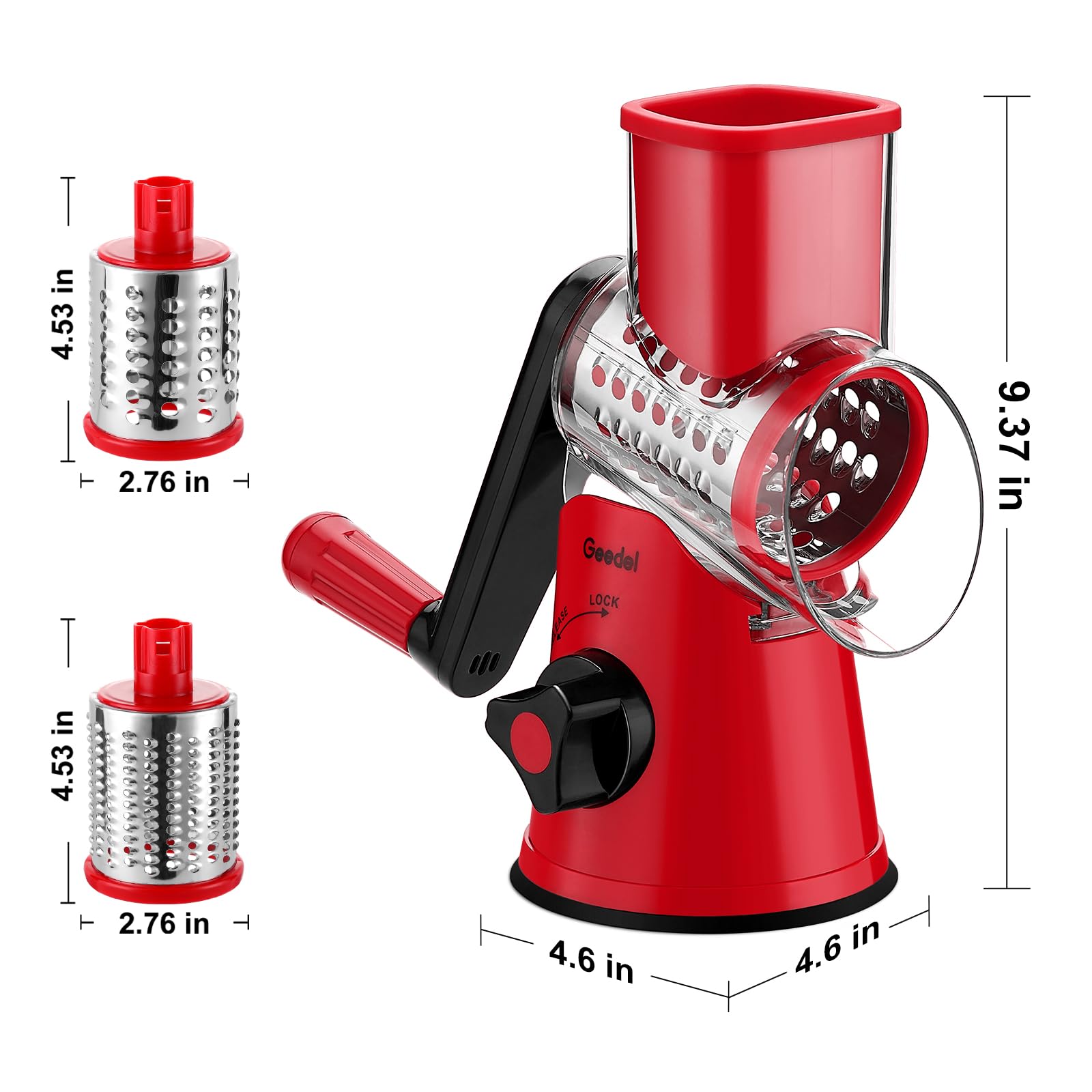 Geedel Rotary Cheese Grater, Kitchen Mandoline Vegetable Slicer with 3 Interchangeable Blades, Easy to Clean Rotary Grater Slicer for Fruit, Vegetables, Nuts
