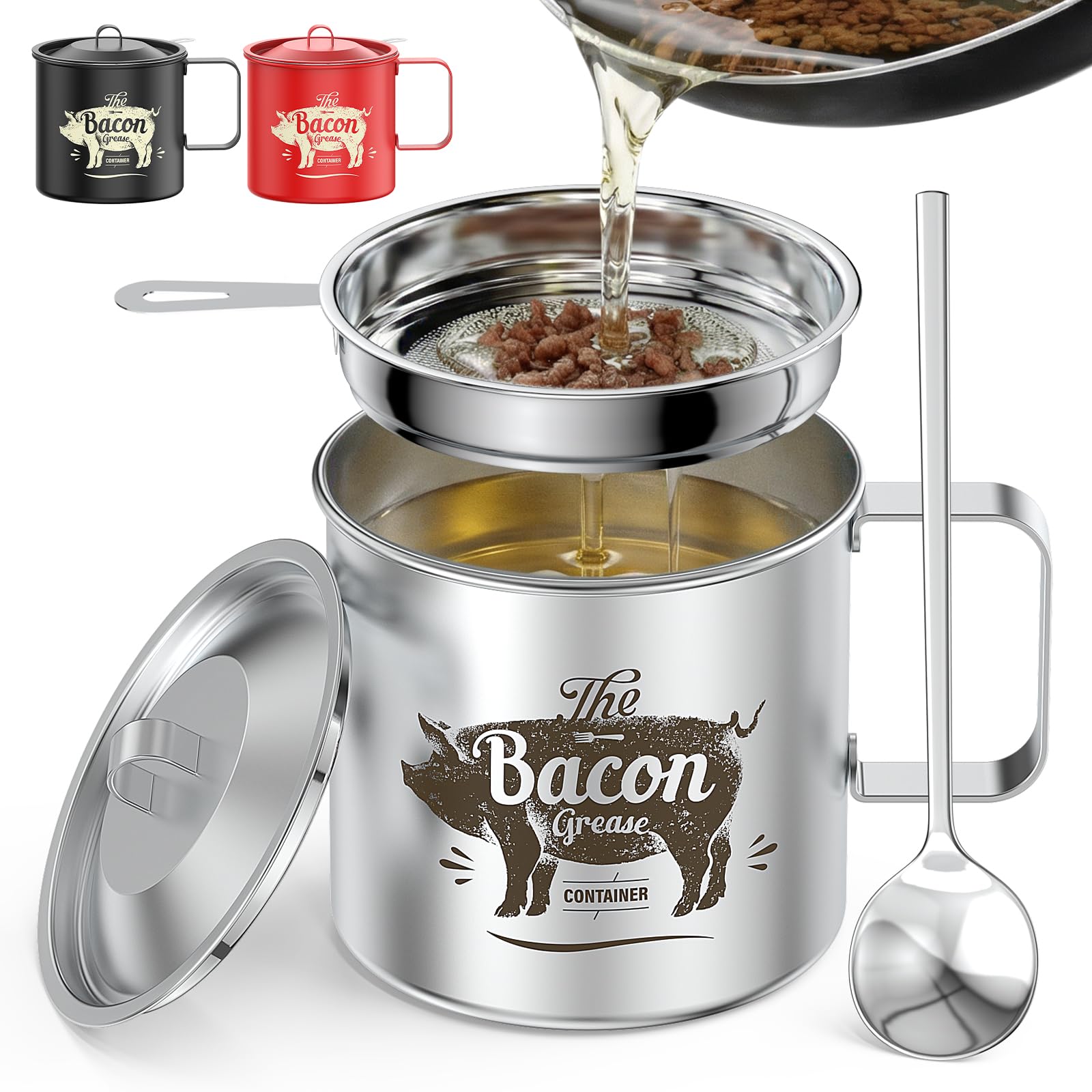 PGYARD Mini Bacon Grease Saver With Strainer - 20 OZ Stainless Steel Oil Container, Farmhouse Bacon Grease Keeper For Kitchen Fat Storage, Dishwasher Safe-Silver
