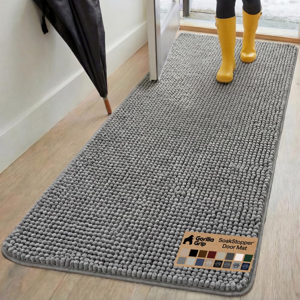 GORILLA GRIP SoakSTOPPER Dog Door Mat, Machine Washable Rug Absorbent Doormat Captures Moisture Mud Dirt, Quick Dry Soft Chenille Entryway Rugs Indoor Entrance Mats for Dog Paws, 24x17 Grey