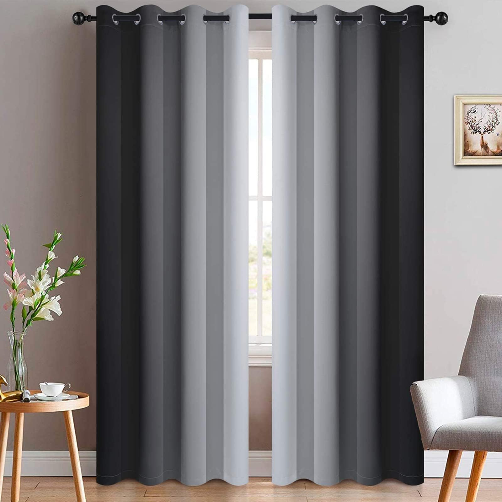 Yakamok Blue and Greyish White Ombre Curtains, Room Darkening Gradient Color Curtains for Bedroom, Light Blocking Thermal Insulated Window Drapes for Living Room(2 Panels, 52x84 Inch)