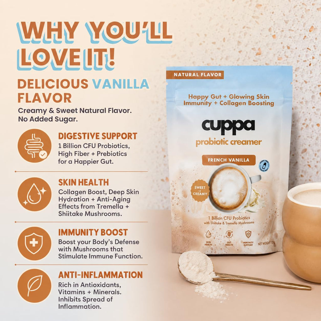 Cuppa Medium Roast Mushroom Coffee with Adaptogens & Superfoods - Lion’s Mane, Ashwagandha & Cordyceps. Adaptogens + MCT to support natural energy, mental focus & gut health (30 Servings)