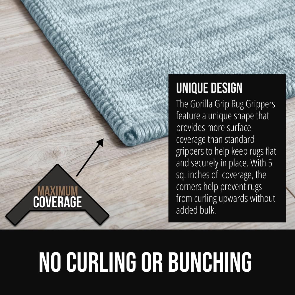 GORILLA GRIP Extra Wide Dual Sided Rug Gripper Pads, Holds Carpet in Place on Hardwood Floors and Tile, Removable Reusable Sticky Corner Grippers, Universal Fit Floor Pad for Under Area Rugs, 4 Pack