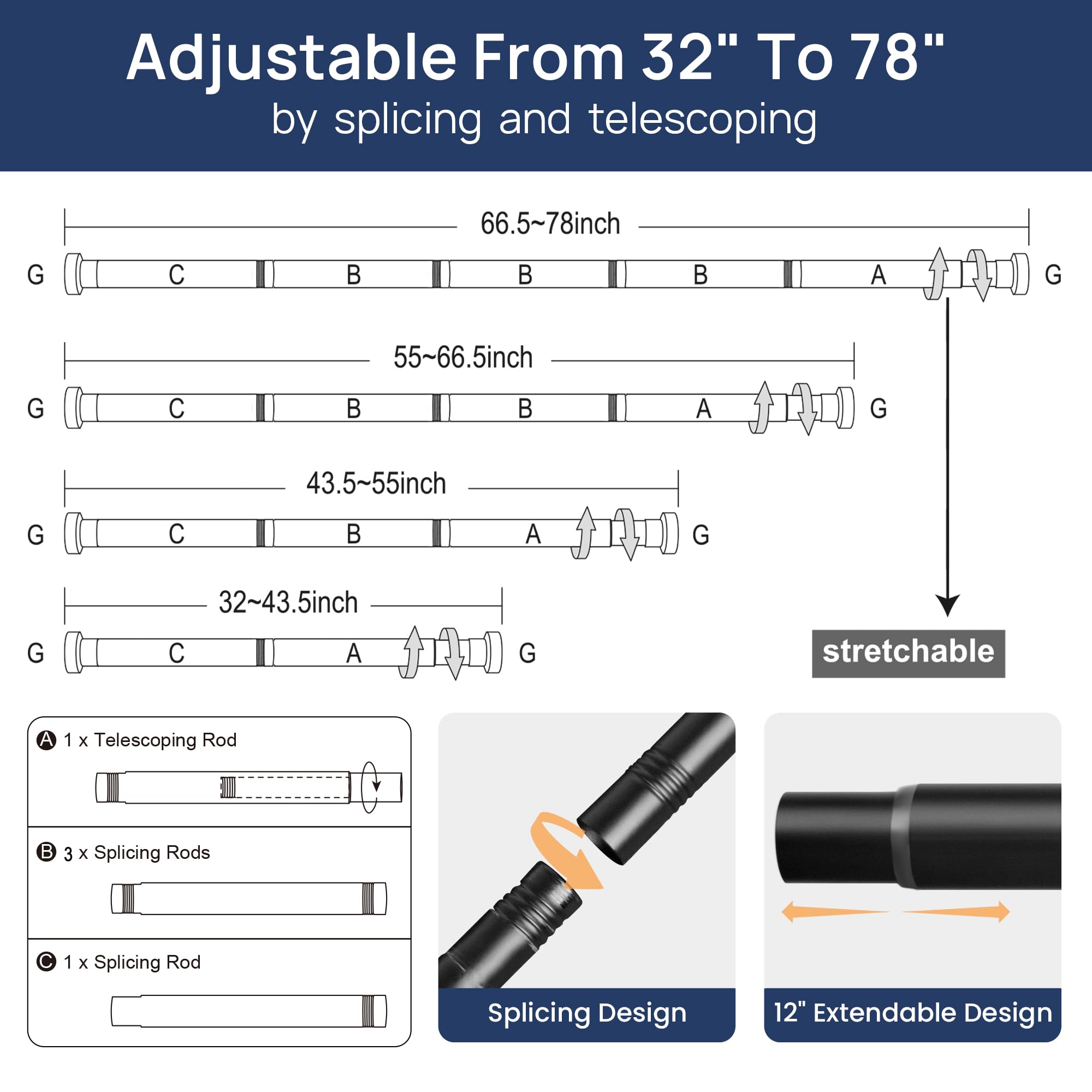 ENJOYBASICS 2 Pack Adjustable Spring Tension Curtain Rods 32 to 66 Inches, Stainless Steel Matte Black Shower Rod No Drilling for Window, Bathroom, Closet, Room Divider, 7/8" Diameter