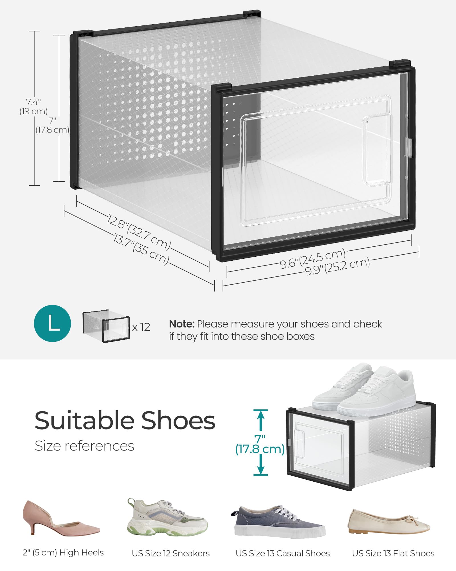 SONGMICS Shoe Boxes, Pack of 12 Shoe Storage Organizers, Stackable Clear Plastic Boxes for Closet, Sneakers, 13.1 x 9.1 x 5.6 Inches, Transparent and White ULSP12SWT