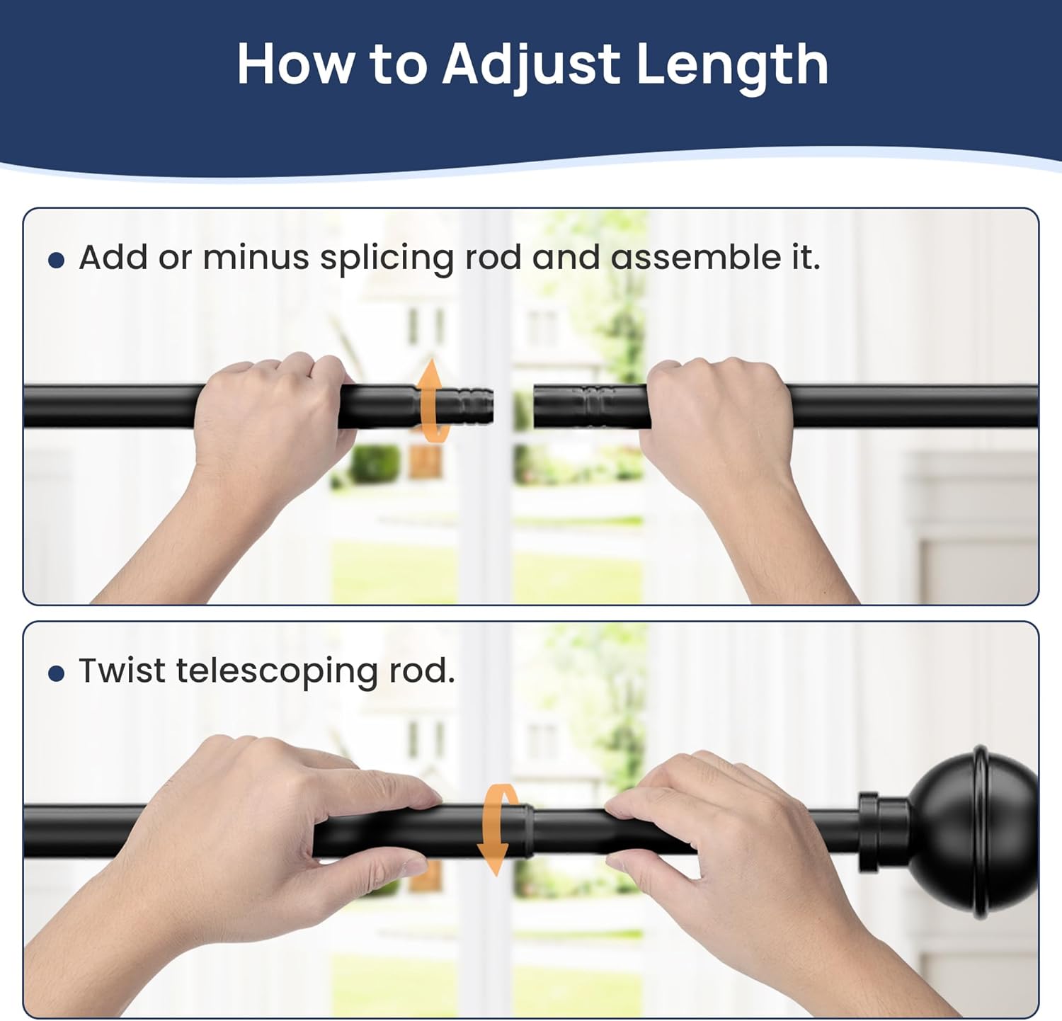 ENJOYBASICS 2 Pack No Drill Curtain Rods for Window 28 to 48 Inches, 5/8 Inch Diameter Renter Friendly Drapery Rod with Adhesive Brackets without Drilling, Adjustable from 27 to 52 Inches, Black