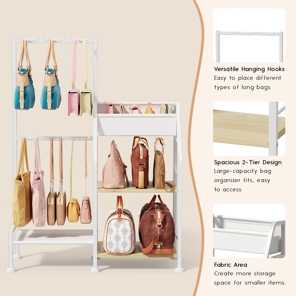 Homsorout Purse Organizer for Closet - Purse Rack Stand with 12 Hooks, 2 Wooden Shelves Purse Storage for Closet, Large Capacity Backpack Storage, Handbag Organizer for Home, Living Room, Black