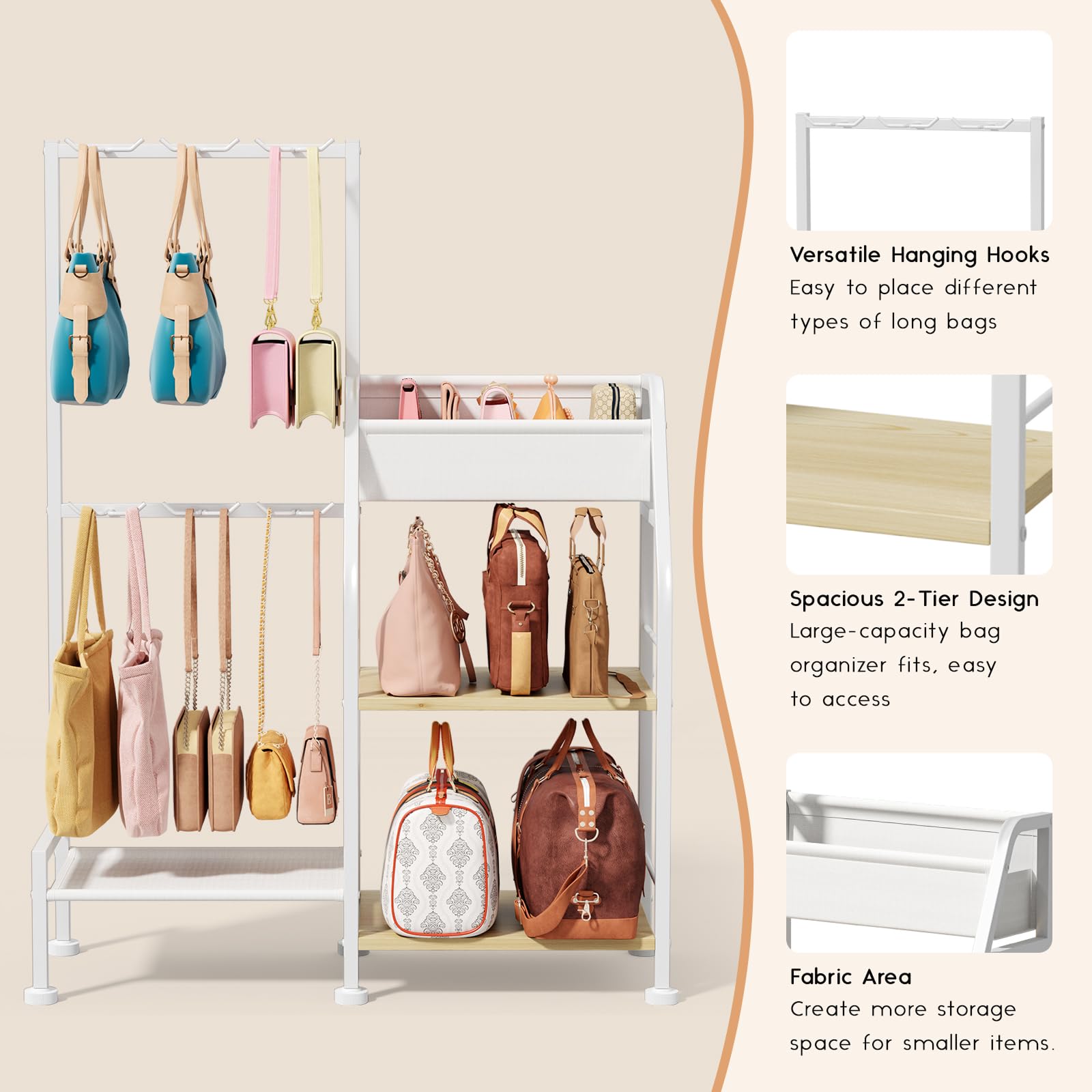 Homsorout Purse Organizer for Closet - Purse Rack Stand with 12 Hooks, 2 Wooden Shelves Purse Storage for Closet, Large Capacity Backpack Storage, Handbag Organizer for Home, Living Room, Black