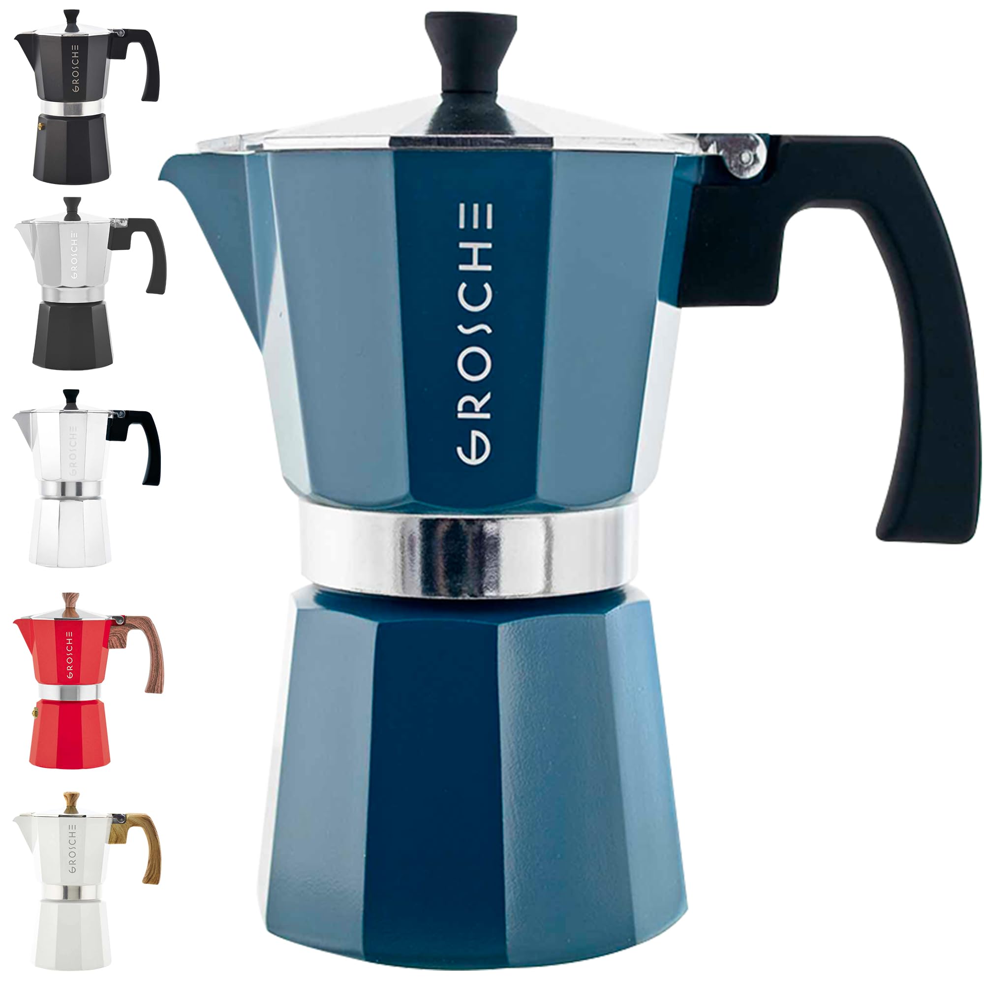 GROSCHE Milano Moka pot, Stovetop Espresso maker, Greca Coffee Maker, Stovetop coffee maker and espresso maker percolator (Grey, 6 cup)