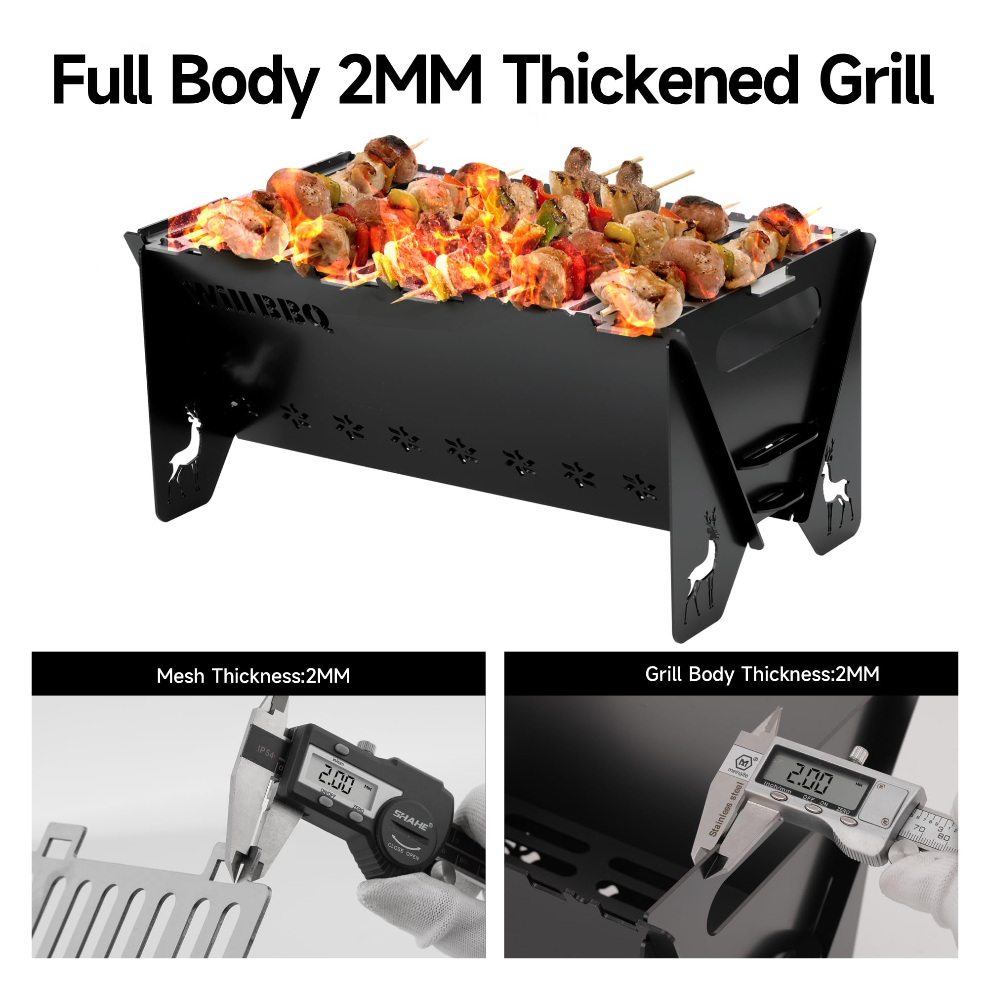 WILLBBQ Charcoal Grills Quality Portable Detachable Folding,Skewers Campfire Grill,Hibachi Backpacking BBQ Grill,Easy Portability For Outdoor Barbecues Camping Picnics Garden Party(15.8x8.5x7.5 inch)