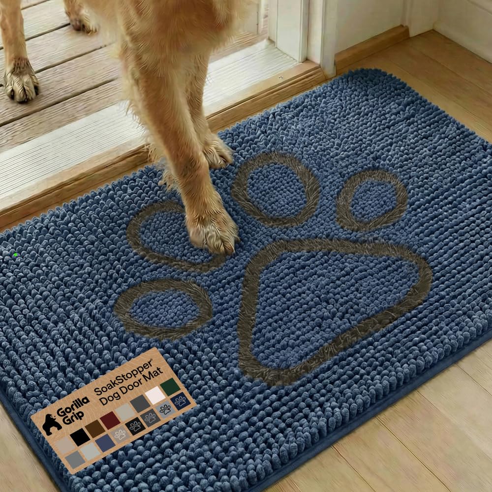 GORILLA GRIP SoakSTOPPER Dog Door Mat, Machine Washable Rug Absorbent Doormat Captures Moisture Mud Dirt, Quick Dry Soft Chenille Entryway Rugs Indoor Entrance Mats for Dog Paws, 24x17 Grey