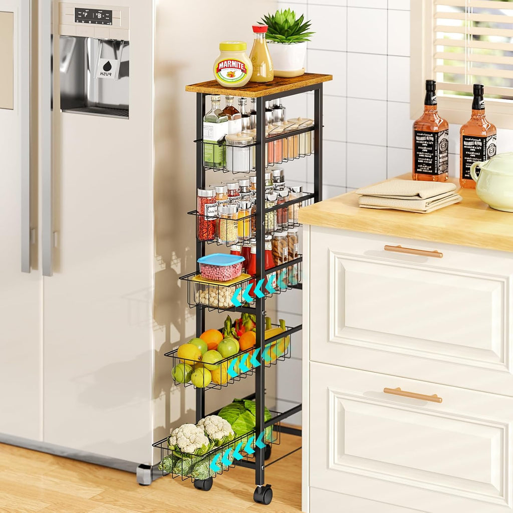 6 Tier Slim Storage Cart with Pull Out Basket, Wooden Top Rolling Kitchen Cart with Lockable Wheels, Metal Wire Fruit Vegetable Storage Basket Narrow Utility Organizer for Kitchen, Bathroom, Laundry