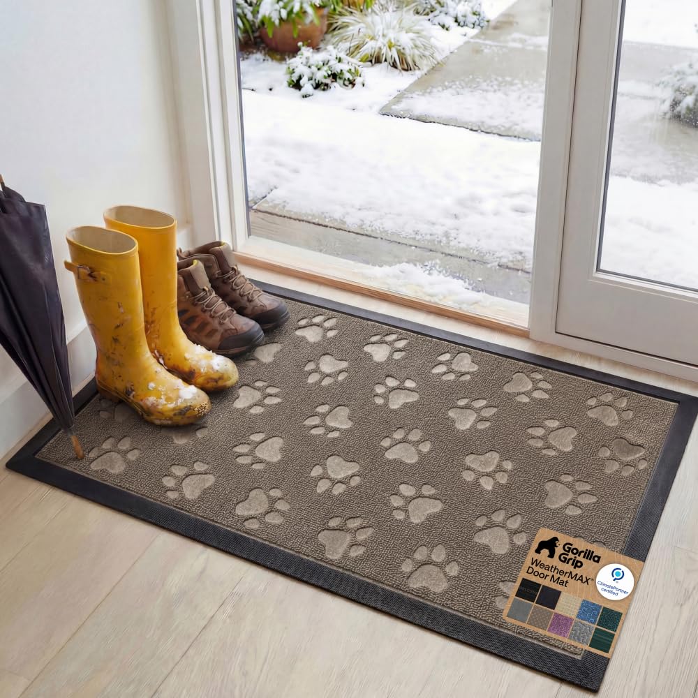 GORILLA GRIP 100% Waterproof All-Season WeatherMAX Doormat US Designed Natural Rubber, Stain Fade Resistant, Low Profile Indoor Outdoor Front Door Mats Outside Entrance, Easy Clean 29x17 Gray Diamond